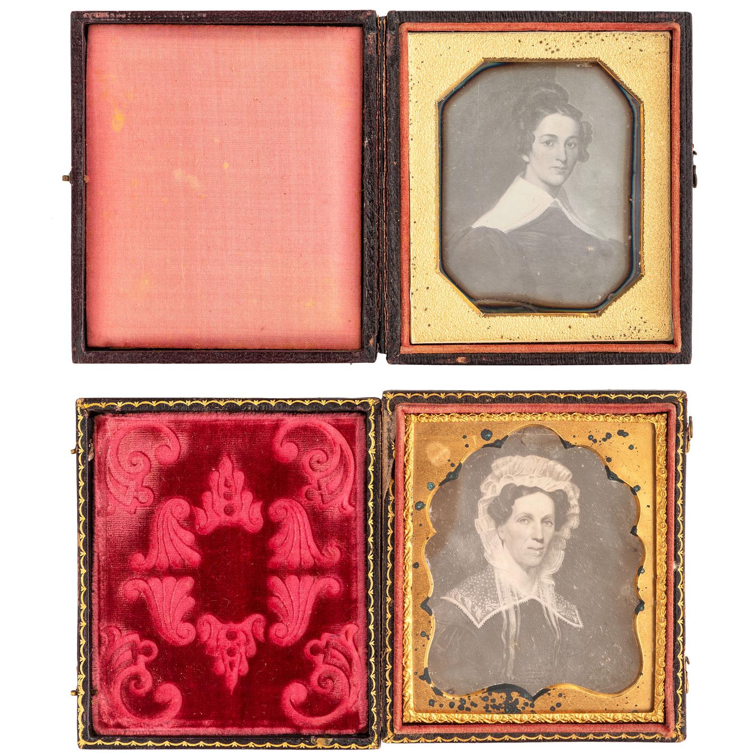 [EARLY PHOTOGRAPHY - PORTRAITURE]. A group of 9 daguerreotypes of folk art portraits featuring women, including: