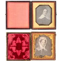 [EARLY PHOTOGRAPHY - PORTRAITURE]. A group of 9 daguerreotypes of folk art portraits featuring women, including: