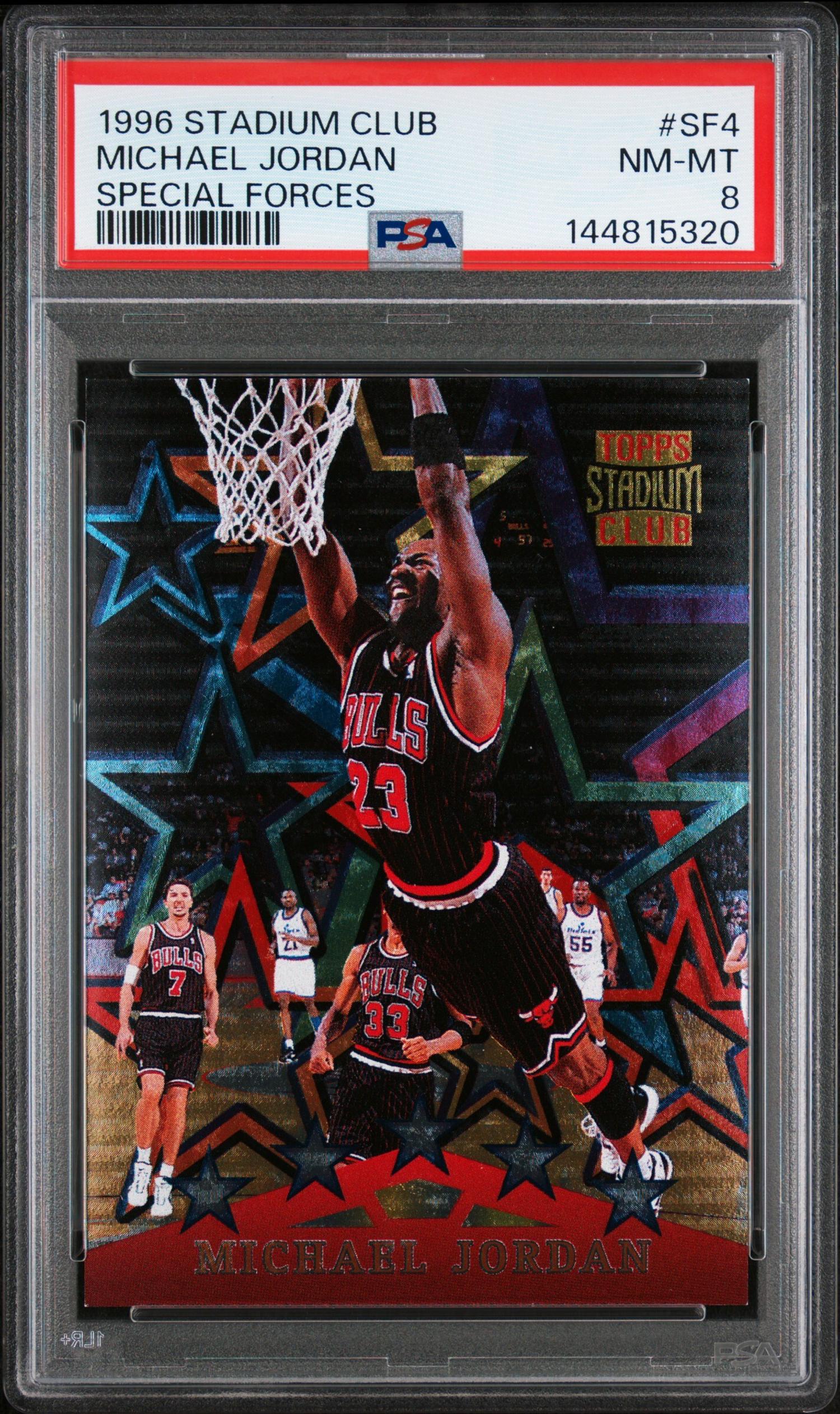 A 1996 Topps Stadium Club Michael Jordan Special Forces Basketball Card No. SF4 (PSA 8 NM-MT)