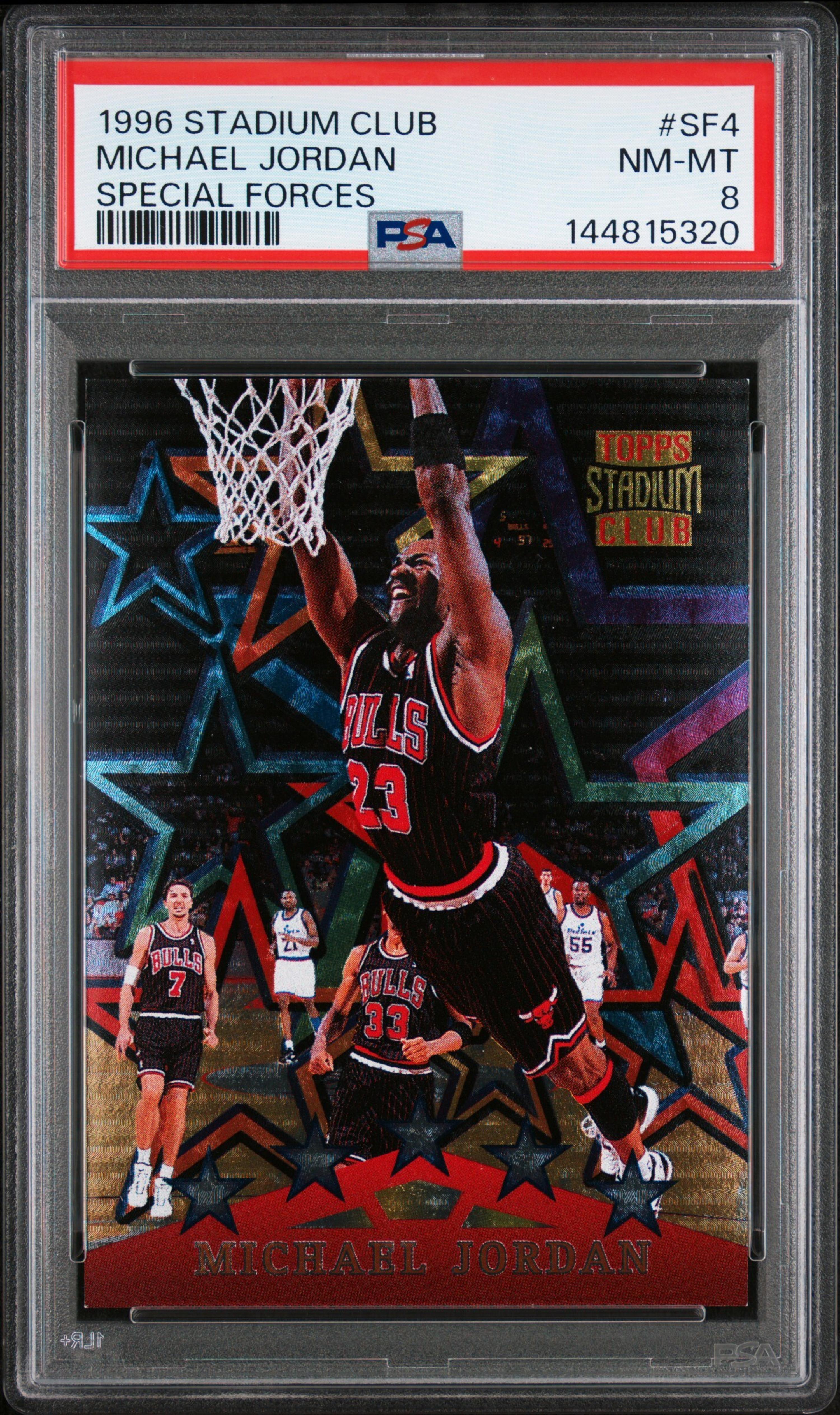 A 1996 Topps Stadium Club Michael Jordan Special Forces Basketball Card No. SF4 (PSA 8 NM-MT)