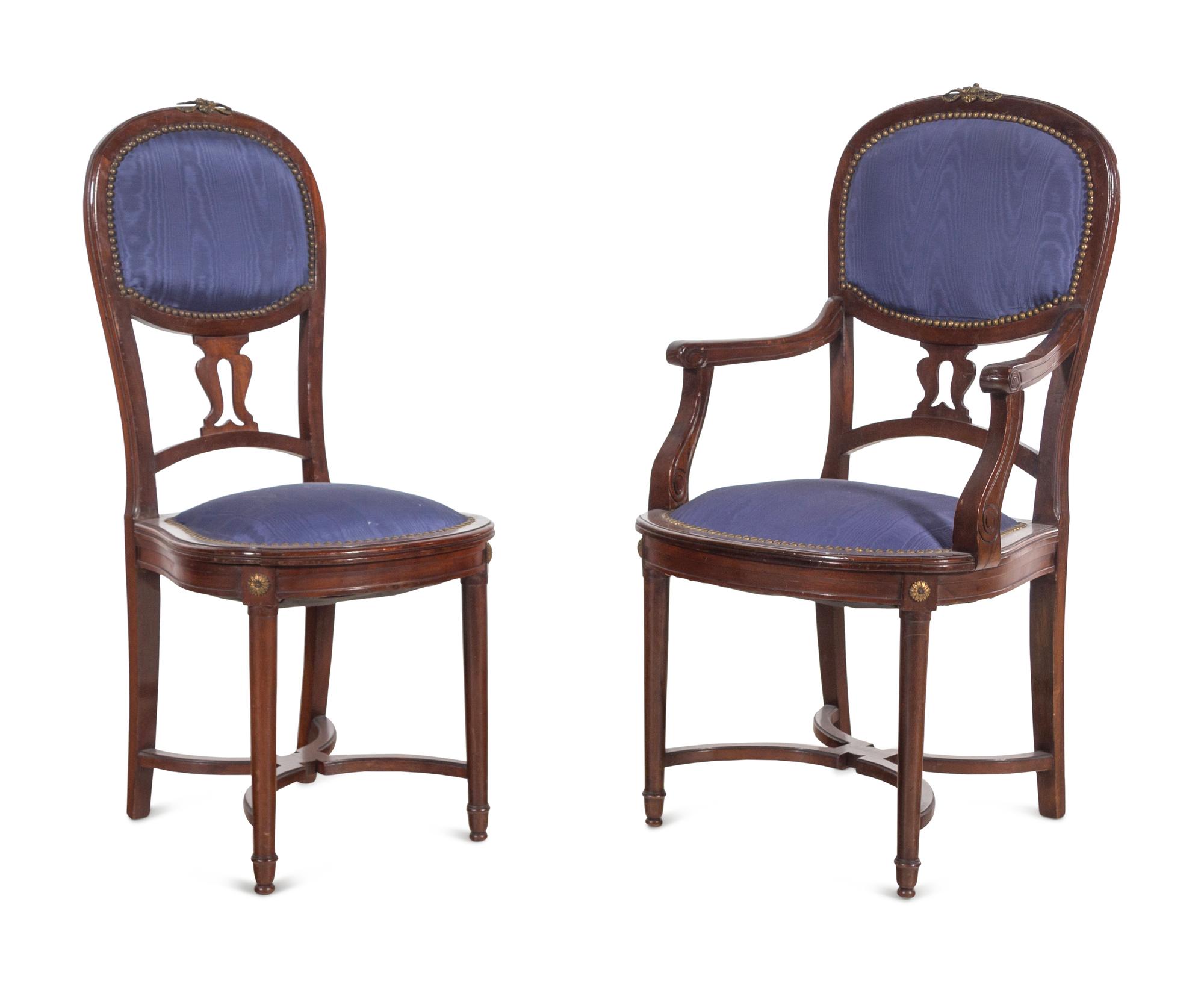 A Set of Ten French Gilt Metal Mounted Dining Chairs