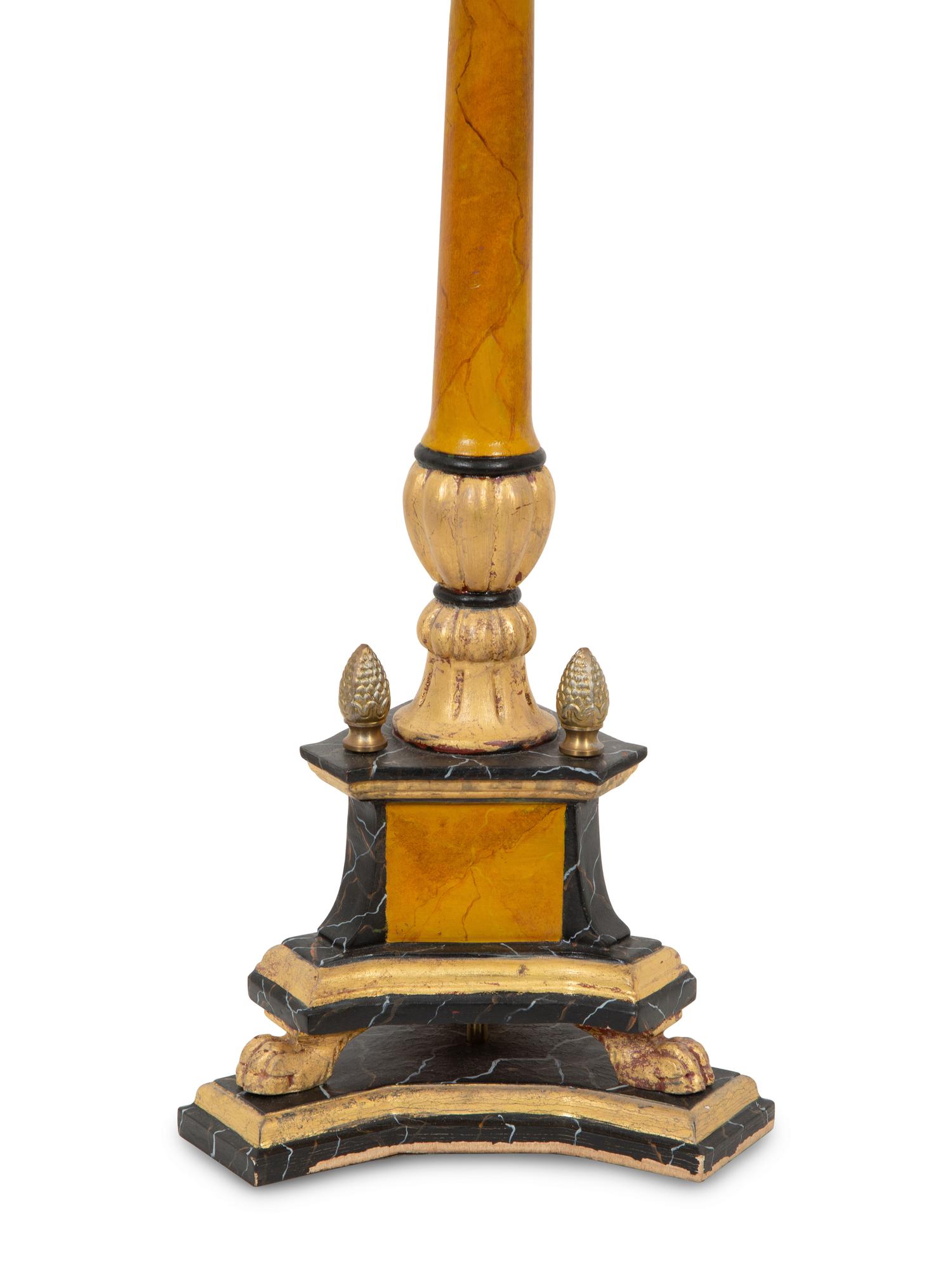 A Painted Pricket Form Table Lamp with Tole Peinte Shade