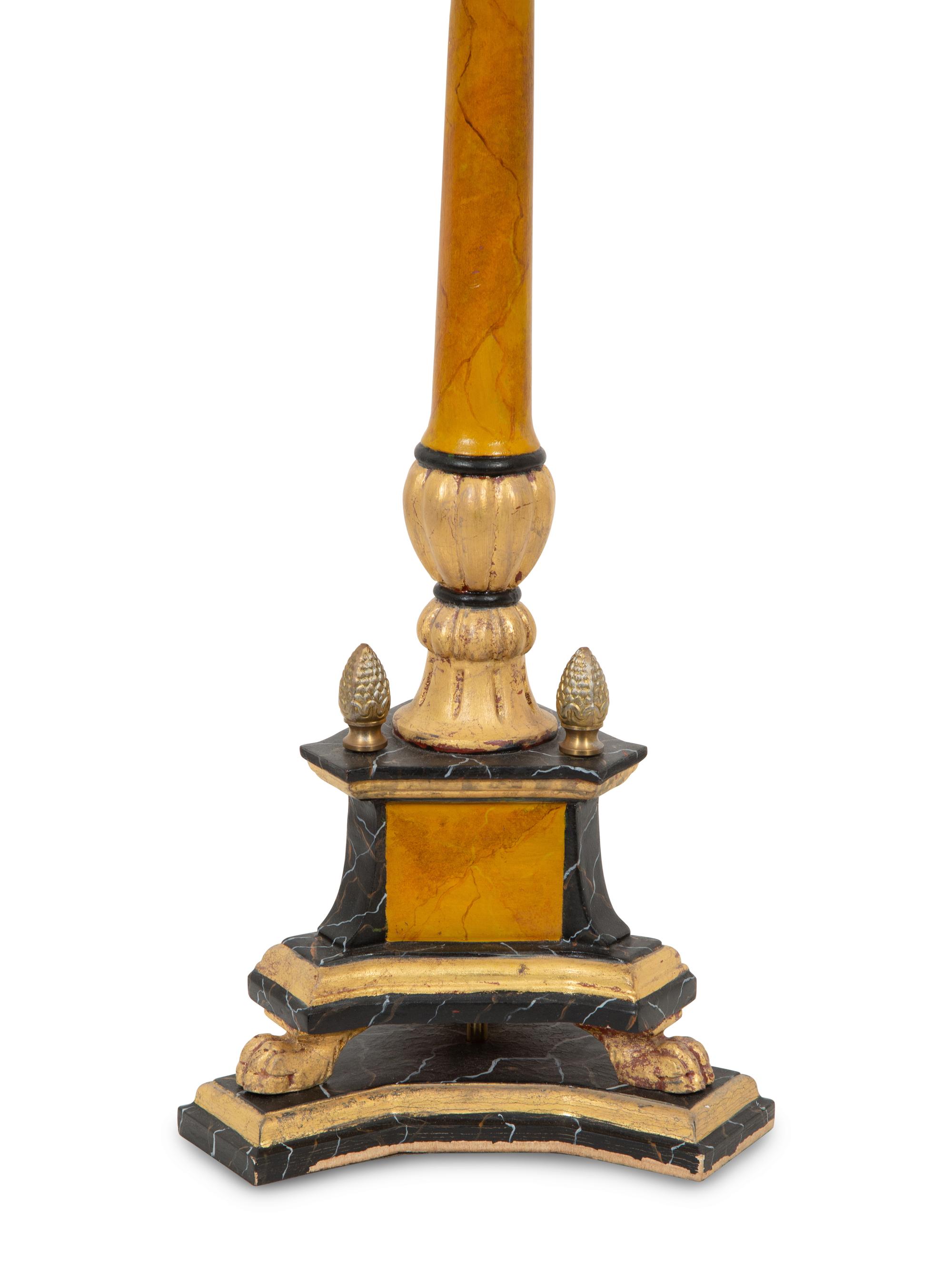 A Painted Pricket Form Table Lamp with Tole Peinte Shade