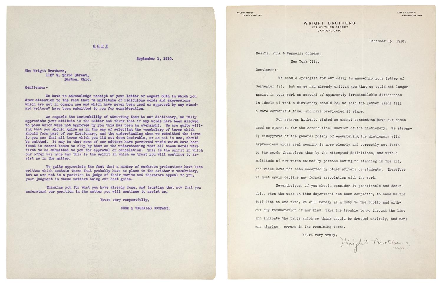 [WRIGHT BROTHERS]. WRIGHT, Wilbur (1867-1912). Typed letter signed ("Wright Brothers W.W."), to Funk & Wagnalls Company. Dayton, OH, 15 December 1910.