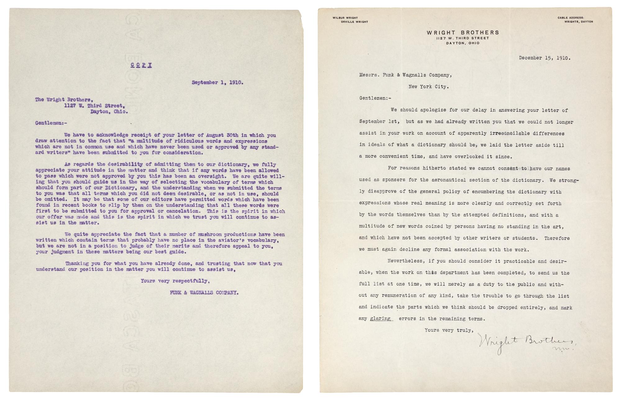[WRIGHT BROTHERS]. WRIGHT, Wilbur (1867-1912). Typed letter signed ("Wright Brothers W.W."), to Funk & Wagnalls Company. Dayton, OH, 15 December 1910.