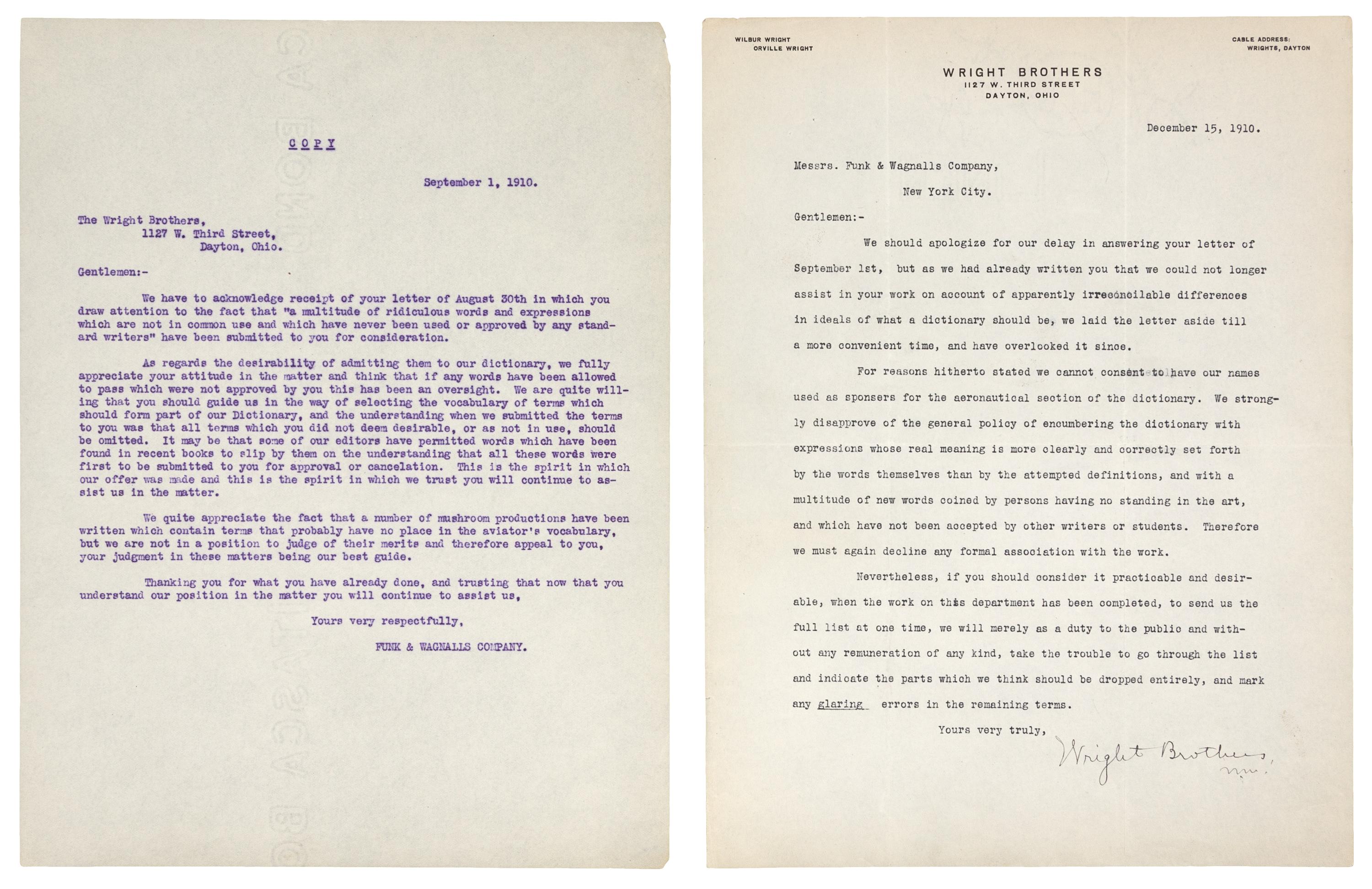 [WRIGHT BROTHERS]. WRIGHT, Wilbur (1867-1912). Typed letter signed ("Wright Brothers W.W."), to Funk & Wagnalls Company. Dayton, OH, 15 December 1910.