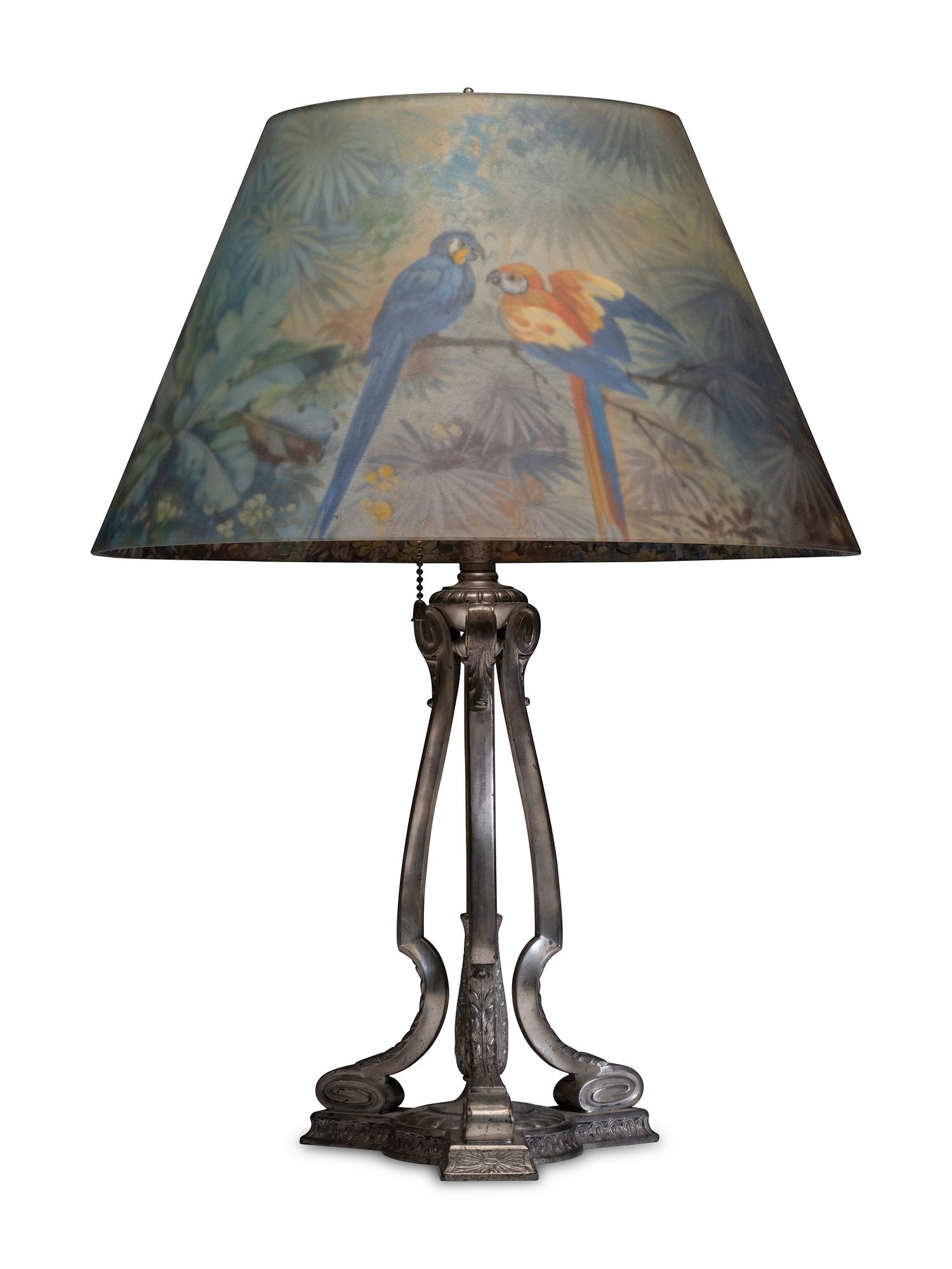 A Pairpoint Jungle Bird Reverse Painted Table Lamp