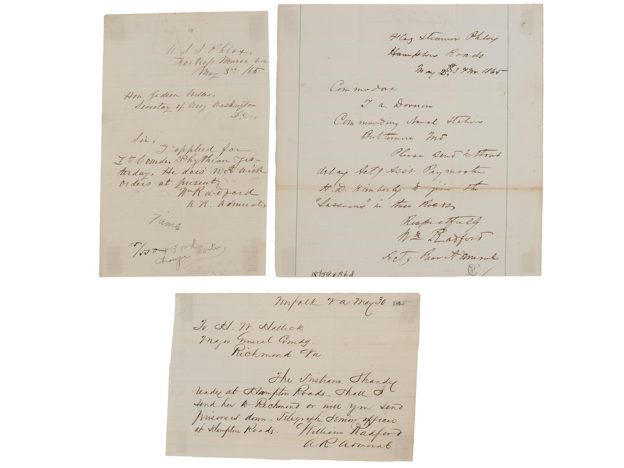 [CIVIL WAR - NAVY]. A group of 3 documents associated with Acting Rear Admiral William Radford (1809-1890) and the USS Phlox, comprising: