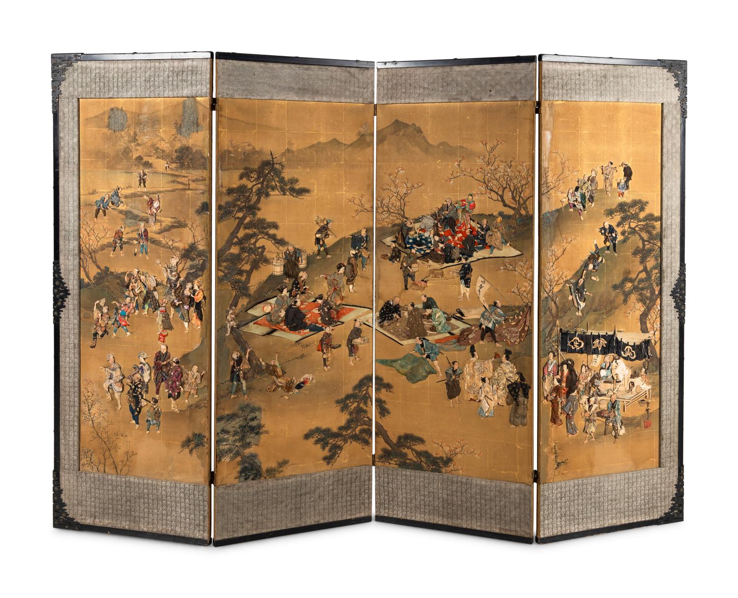 A Chinese Hardstone Embellished Four-Panel Floor Screen