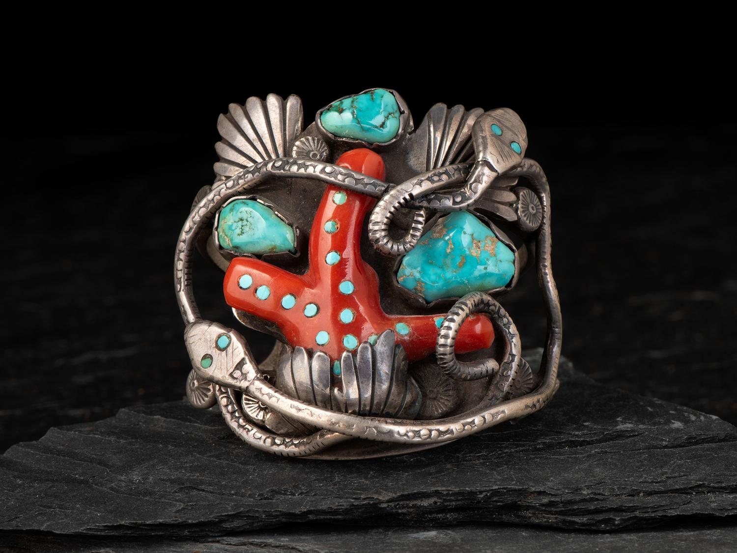 Serpent Cuff Bracelet, set with Turquoise and Coral