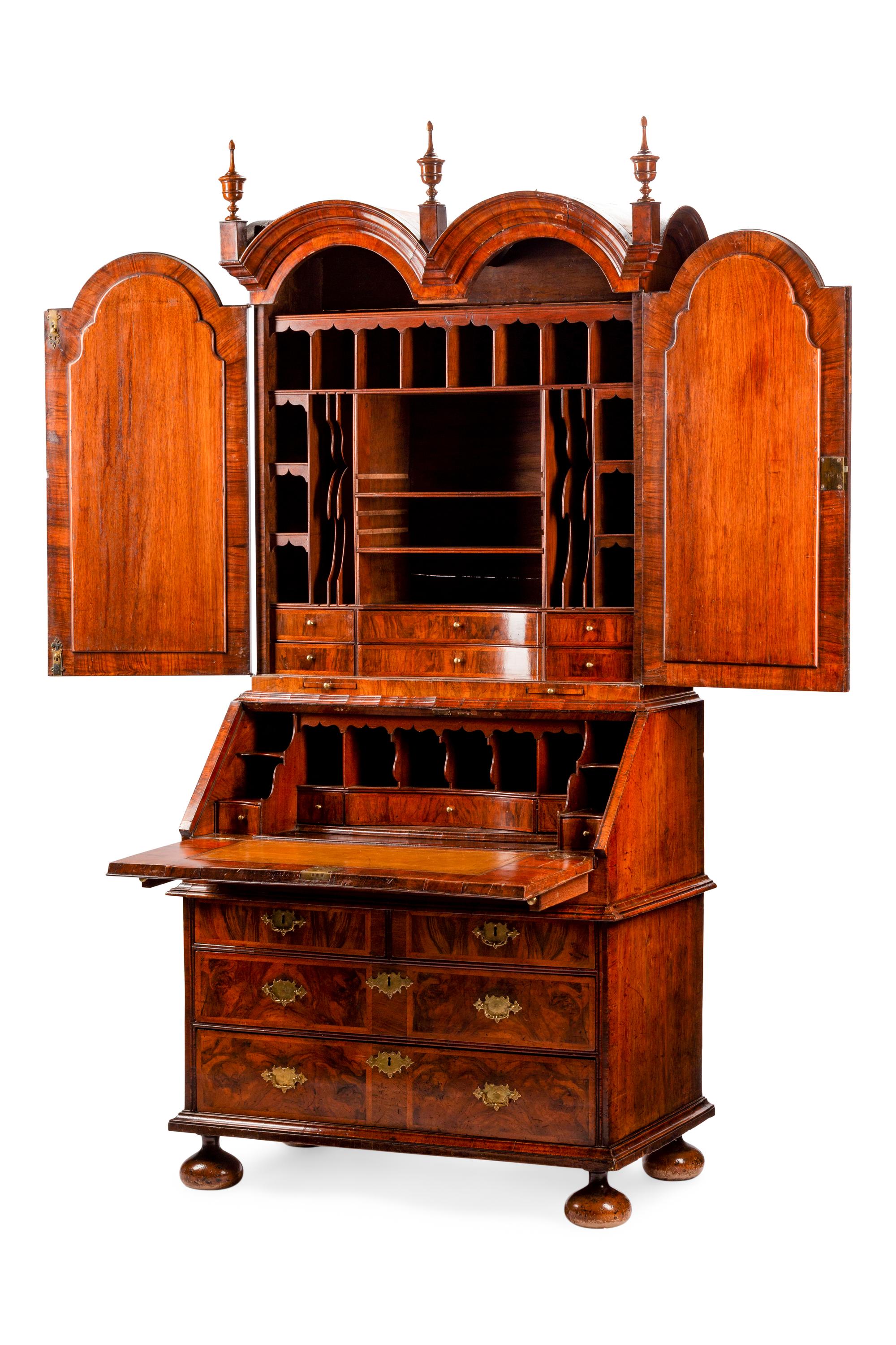 A George II Burl Walnut Slant-Front Secretary Bookcase