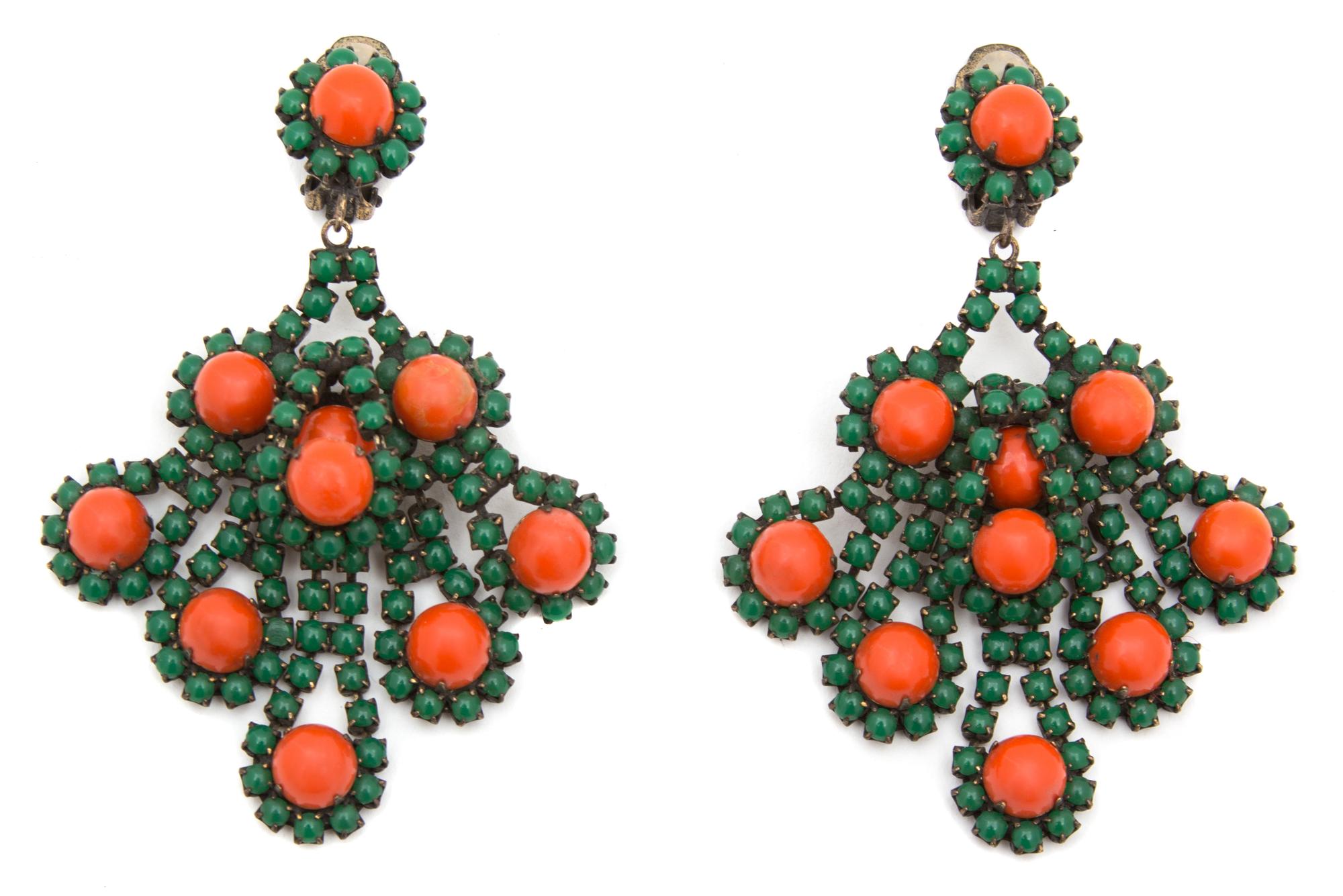 A Pair of Kenneth Jay Lane Orange and Green Drop Earclips, 3.5" x 2.5".