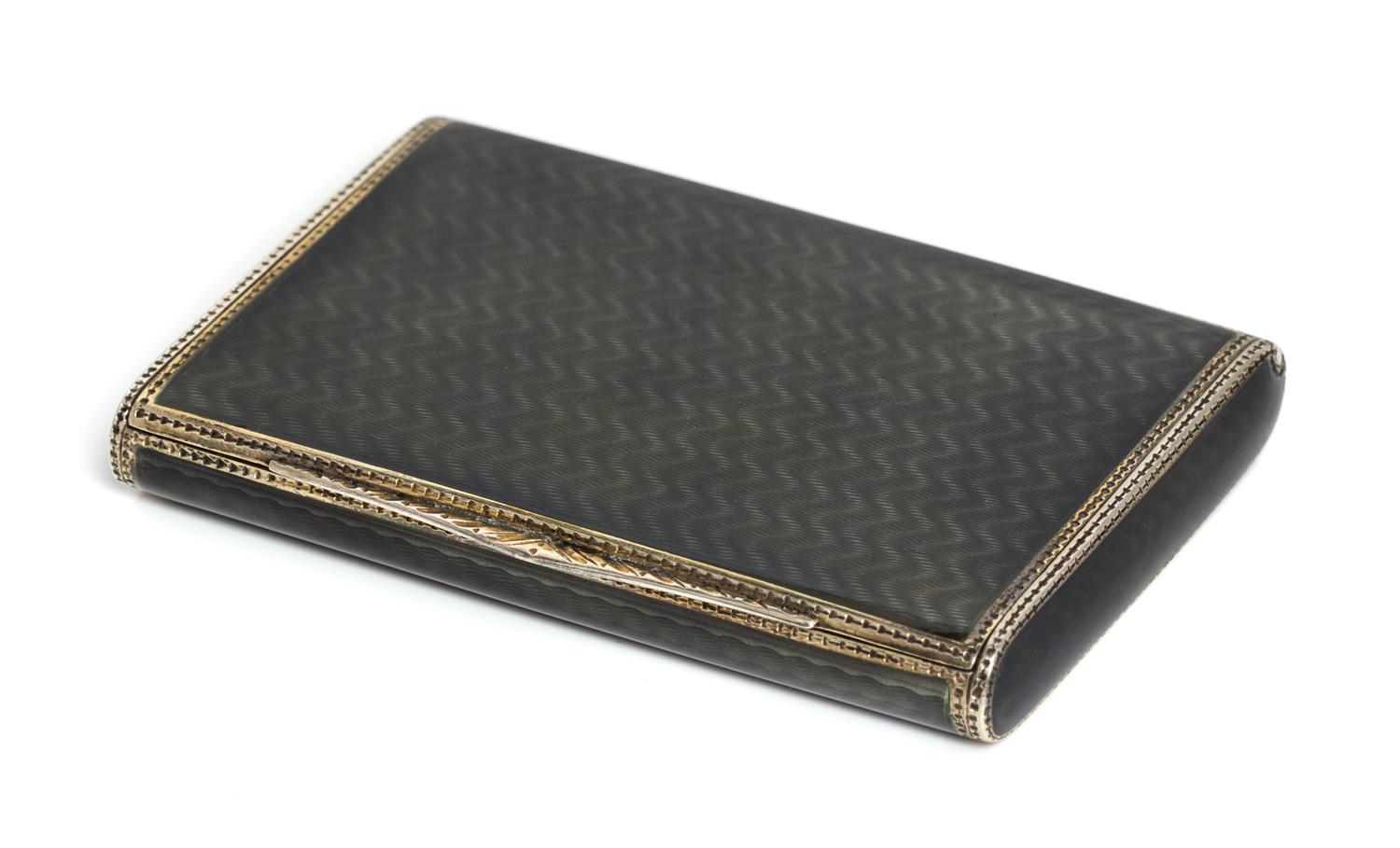 A Continental Silver and Enamel Cigarette Case, Import Marks for London, 1926, the case having translucent grey enamel with an undulati