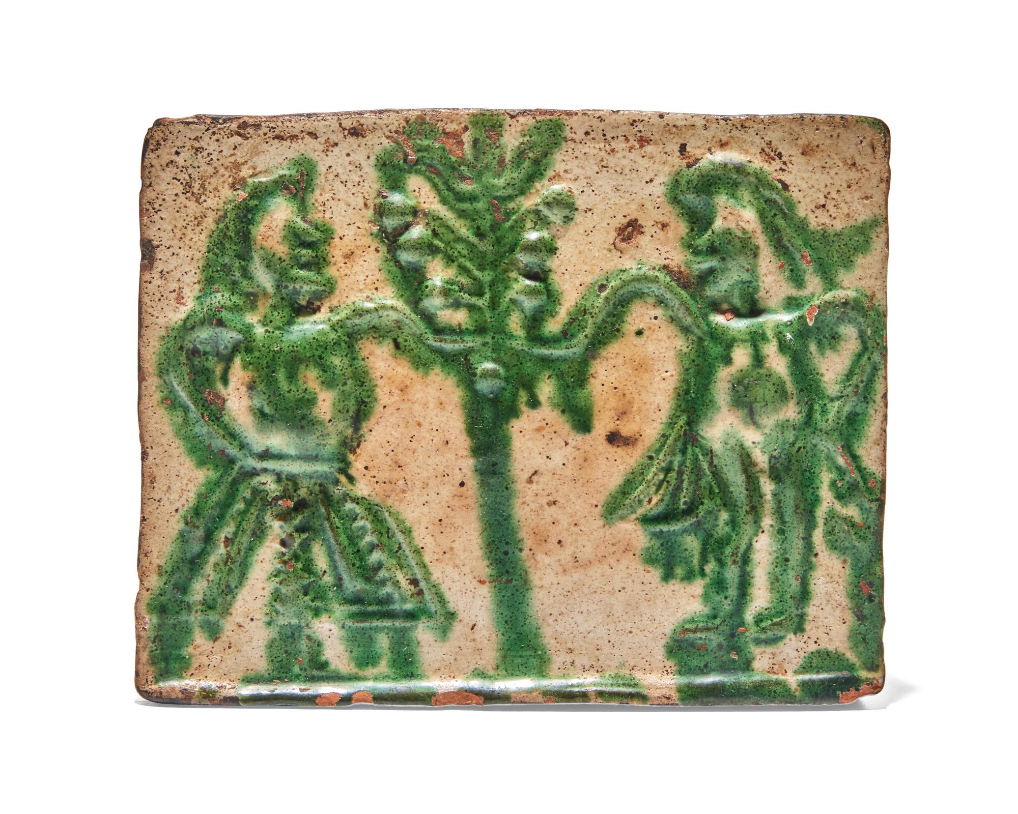 An English Glazed Earthenware Fireplace Tile Molded with Figures of Adam and Eve, 17th / 18th Century