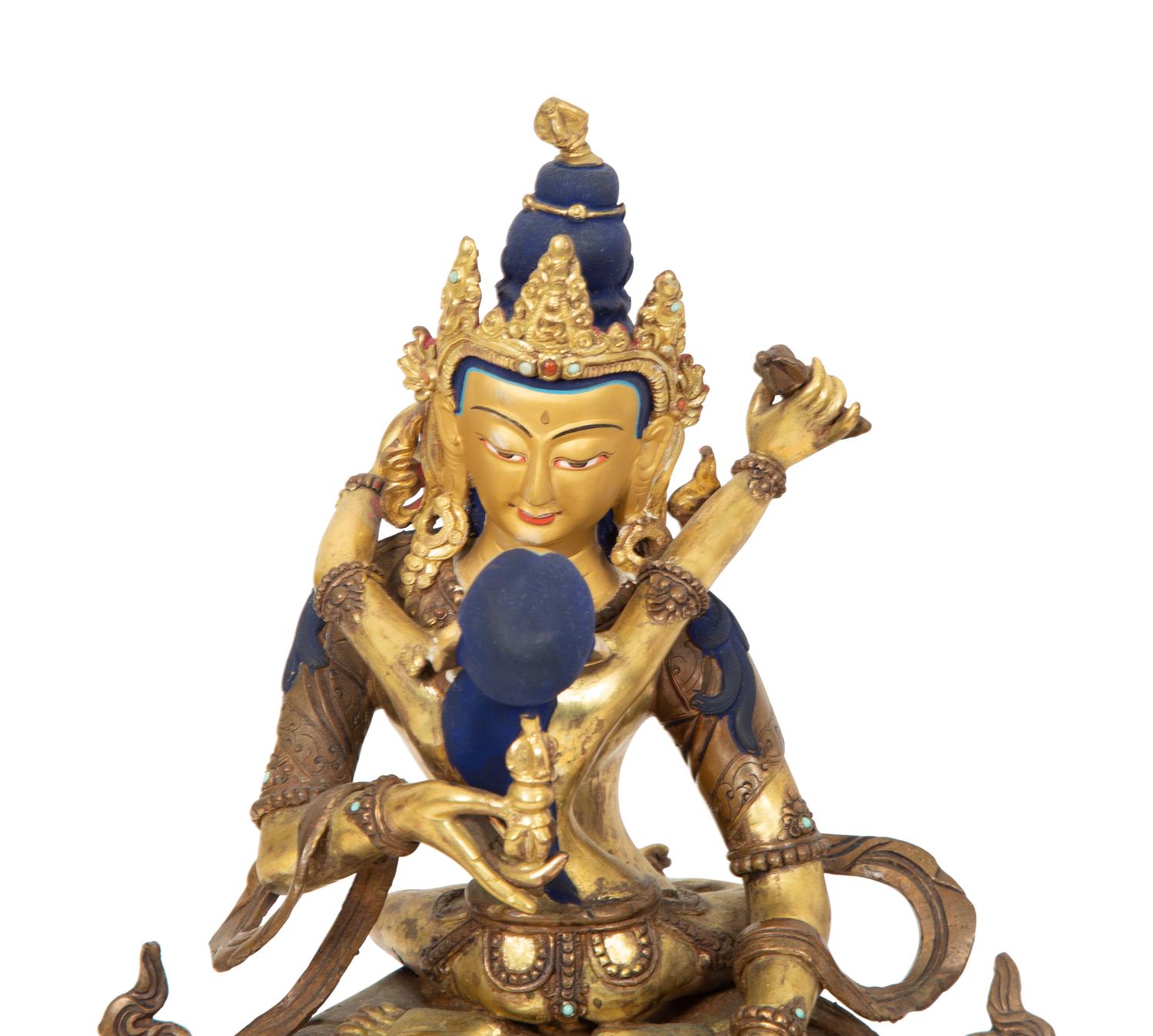 A Group of Three Tibetan Polychromed Brass Deities