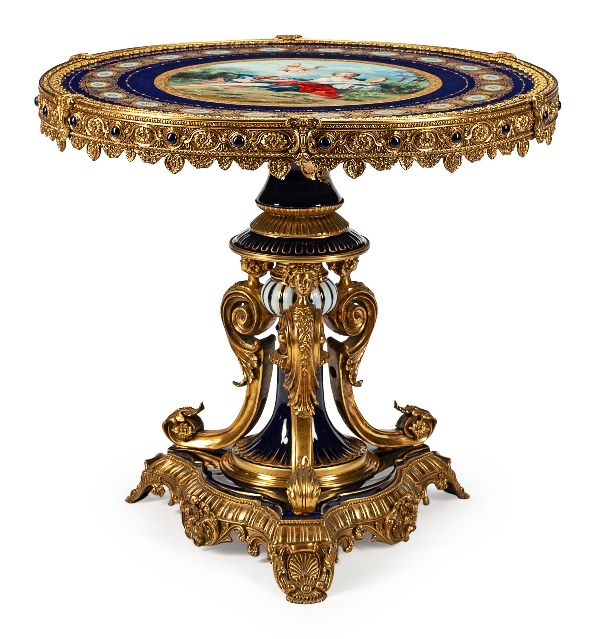 A Louis XVI Style Gilt-Bronze-Mounted Sevres Style Porcelain Gueridon