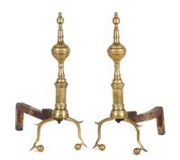 A Pair of American Brass Andirons Height 15 1/2 inches. — 18TH CENTURY
