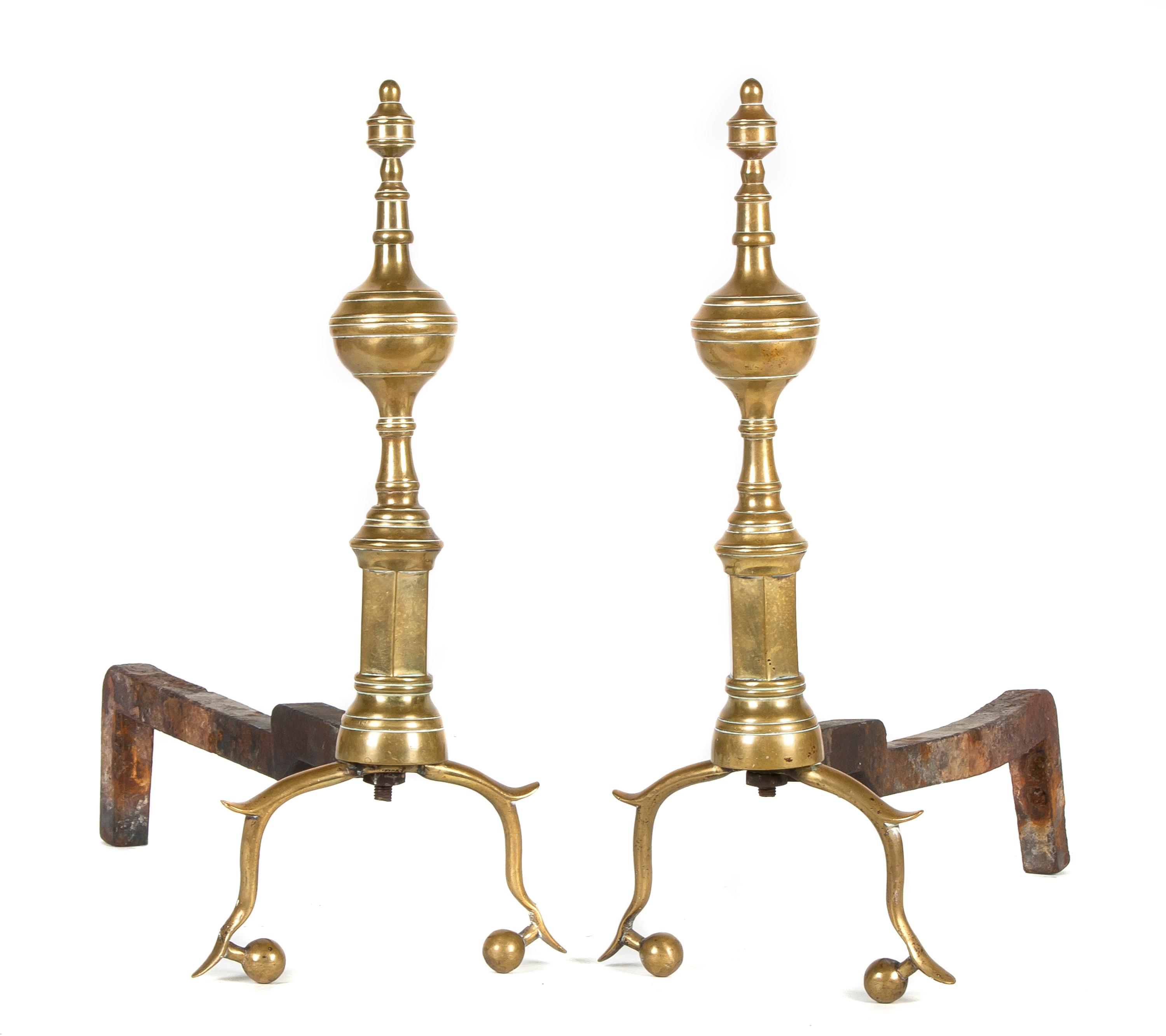 A Pair of American Brass Andirons Height 15 1/2 inches. — 18TH CENTURY
