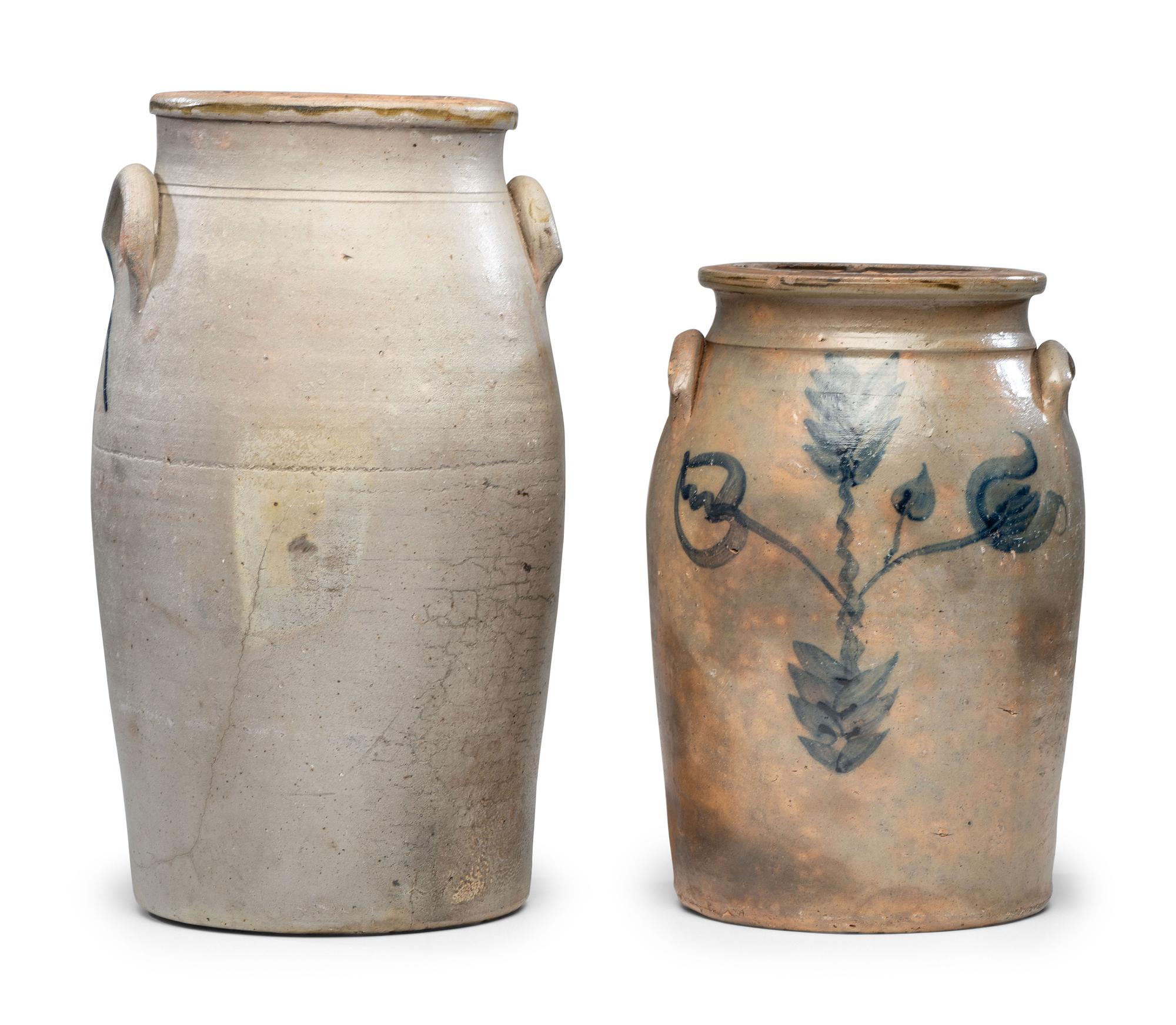Two Cobalt Decorated Stoneware Crocks