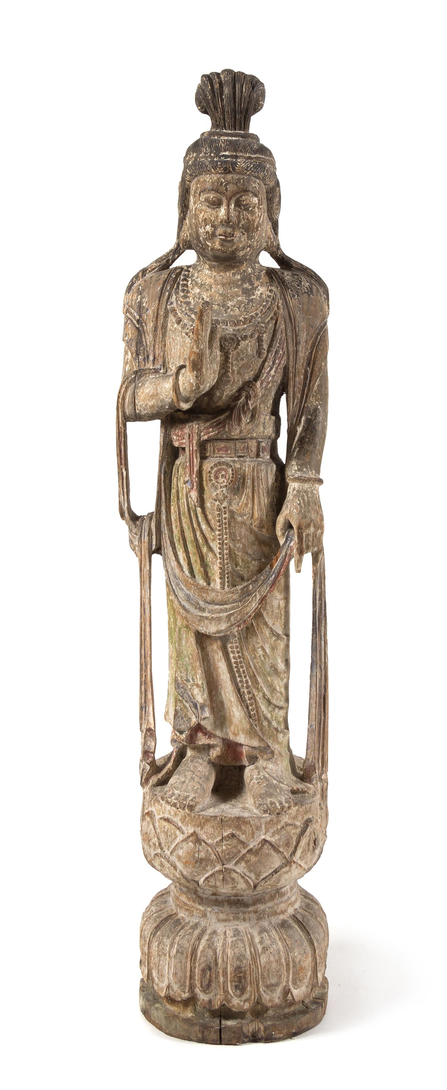 A Chinese Painted Carved Wood Figure of Guanyin Height 54 1/4 inches.