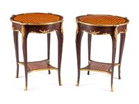 A Pair of Louis XV Style Gilt Bronze Mounted Parquetry Guéridons
