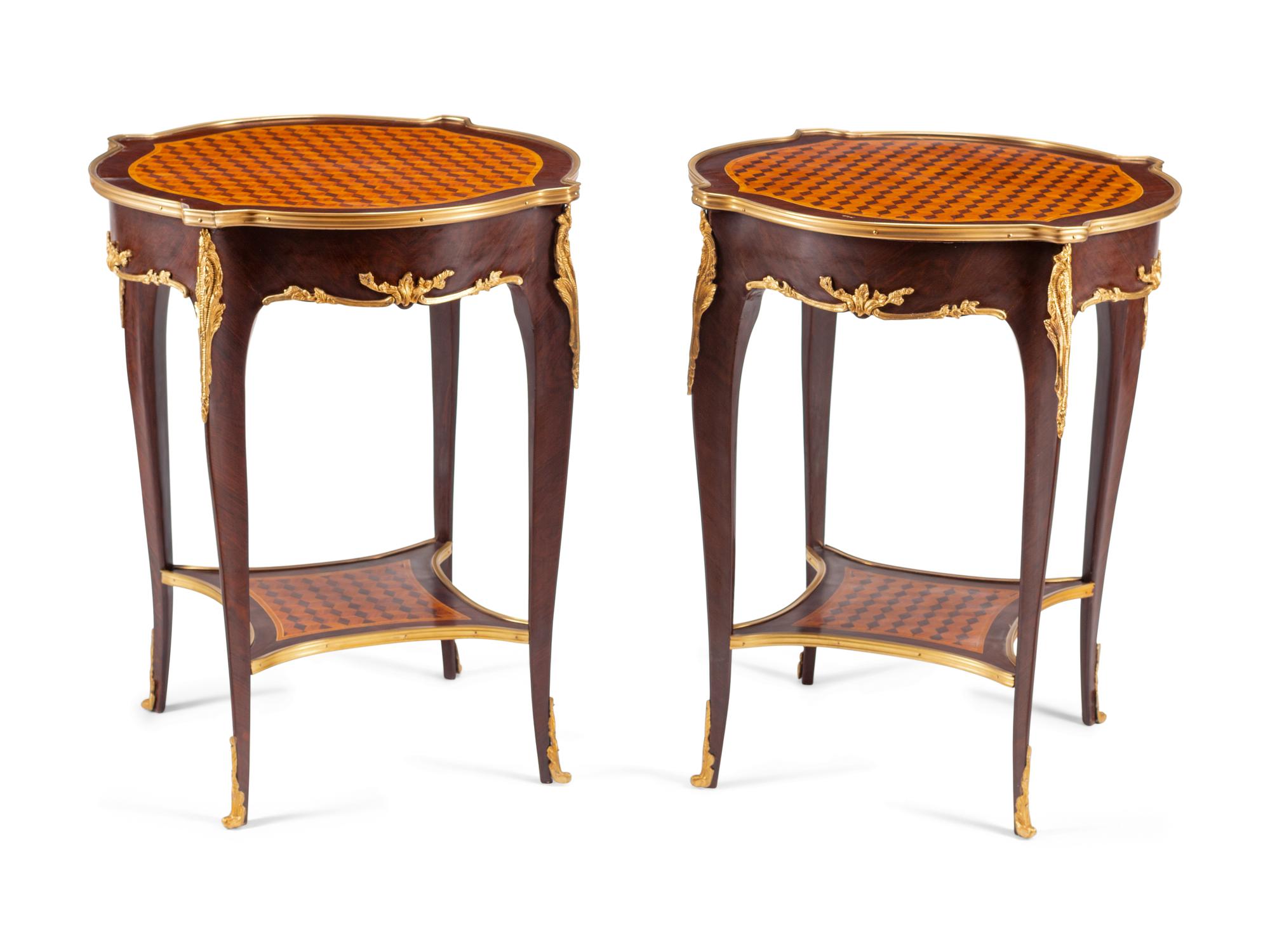 A Pair of Louis XV Style Gilt Bronze Mounted Parquetry Guéridons
