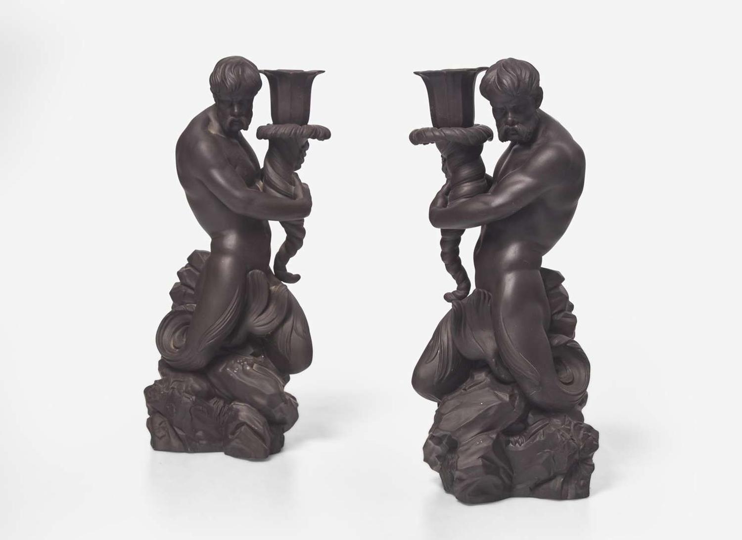 A Pair of Wedgwood Black Basalt Triton Figural Candlesticks, UK, 1973
