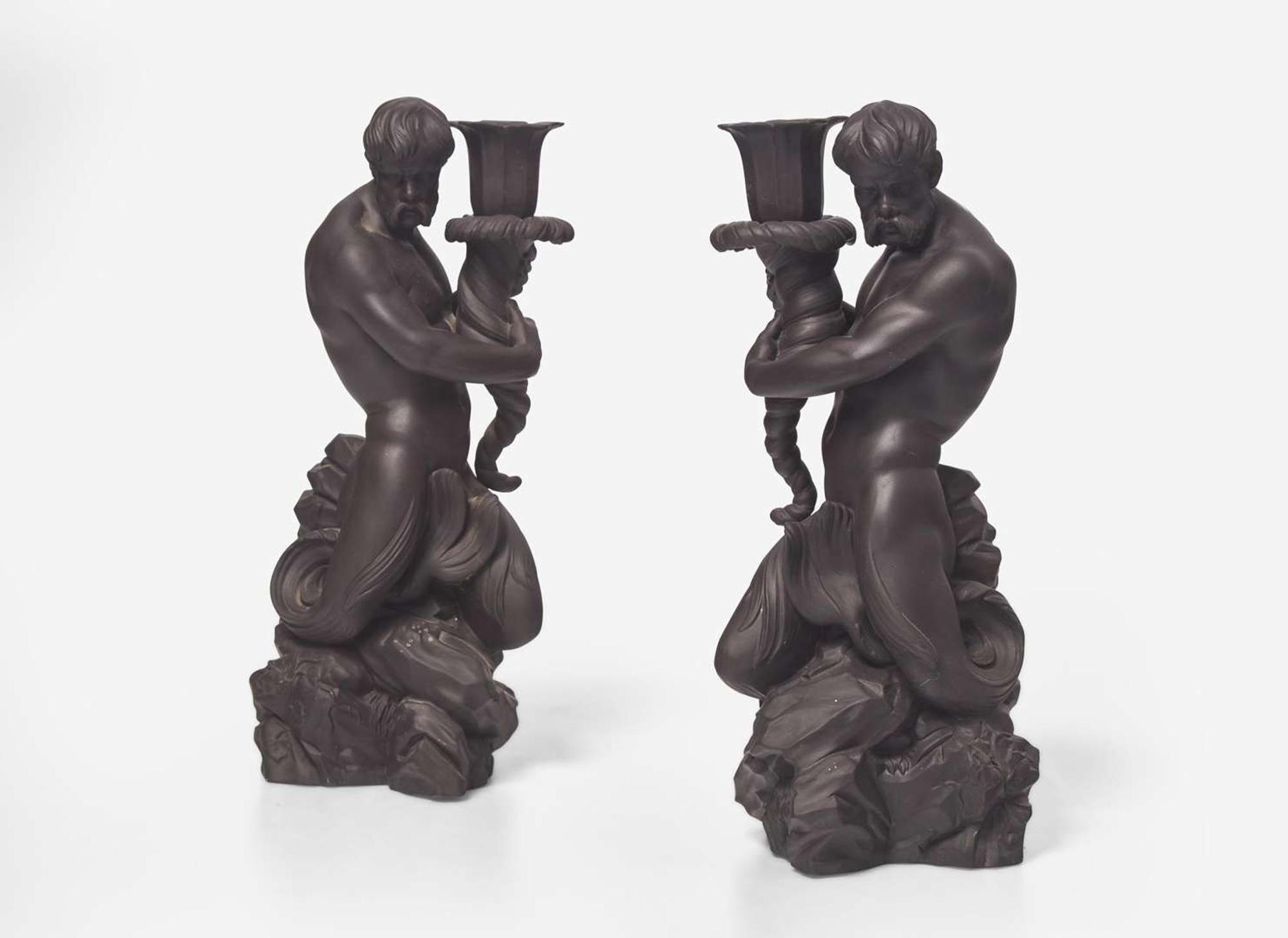 A Pair of Wedgwood Black Basalt Triton Figural Candlesticks, UK, 1973