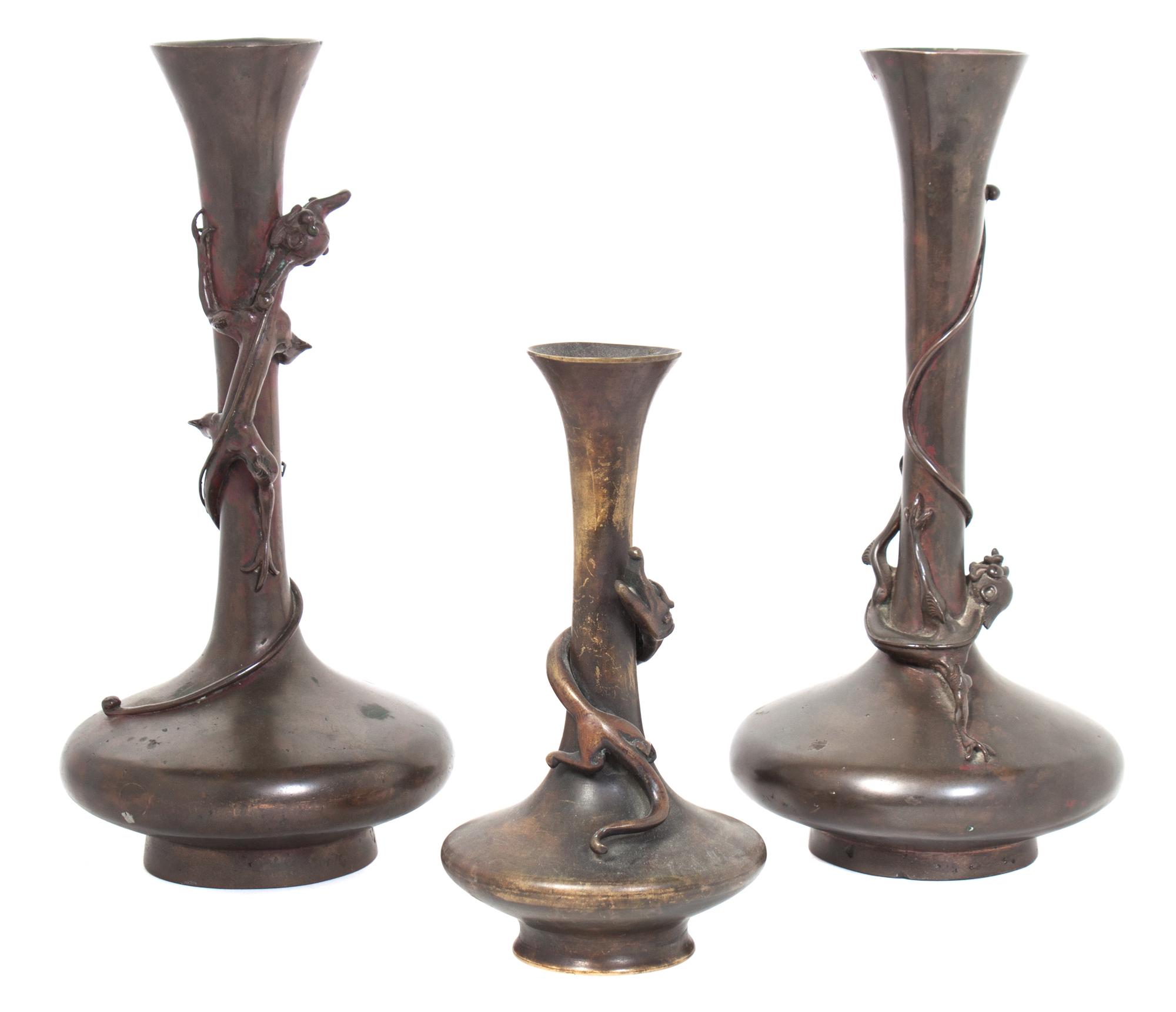 A Pair of Japanese Bronzes Vases Height of pair 13 inches.