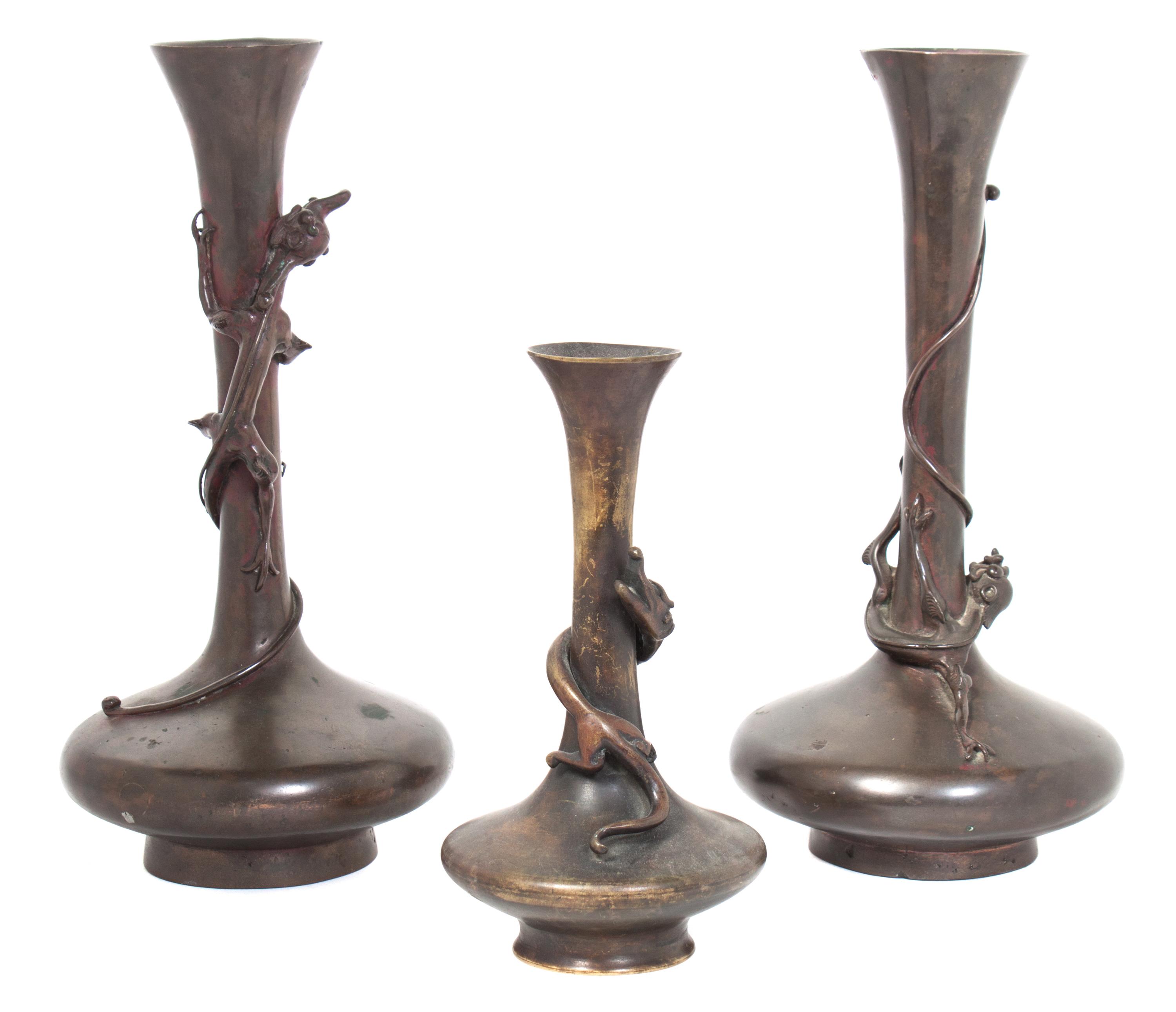 A Pair of Japanese Bronzes Vases Height of pair 13 inches.