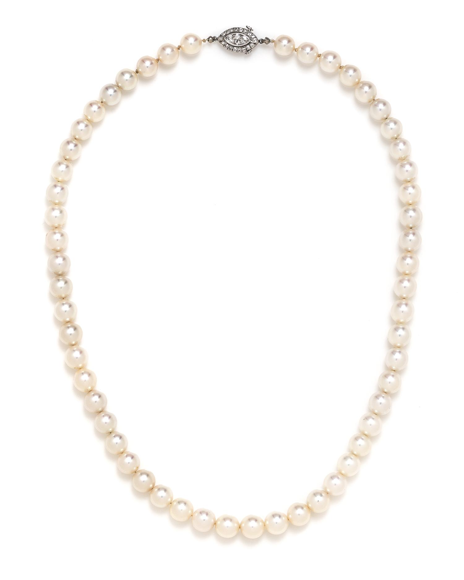 A Single Strand Cultured Pearl Necklace with a Platinum and Diamond Clasp,