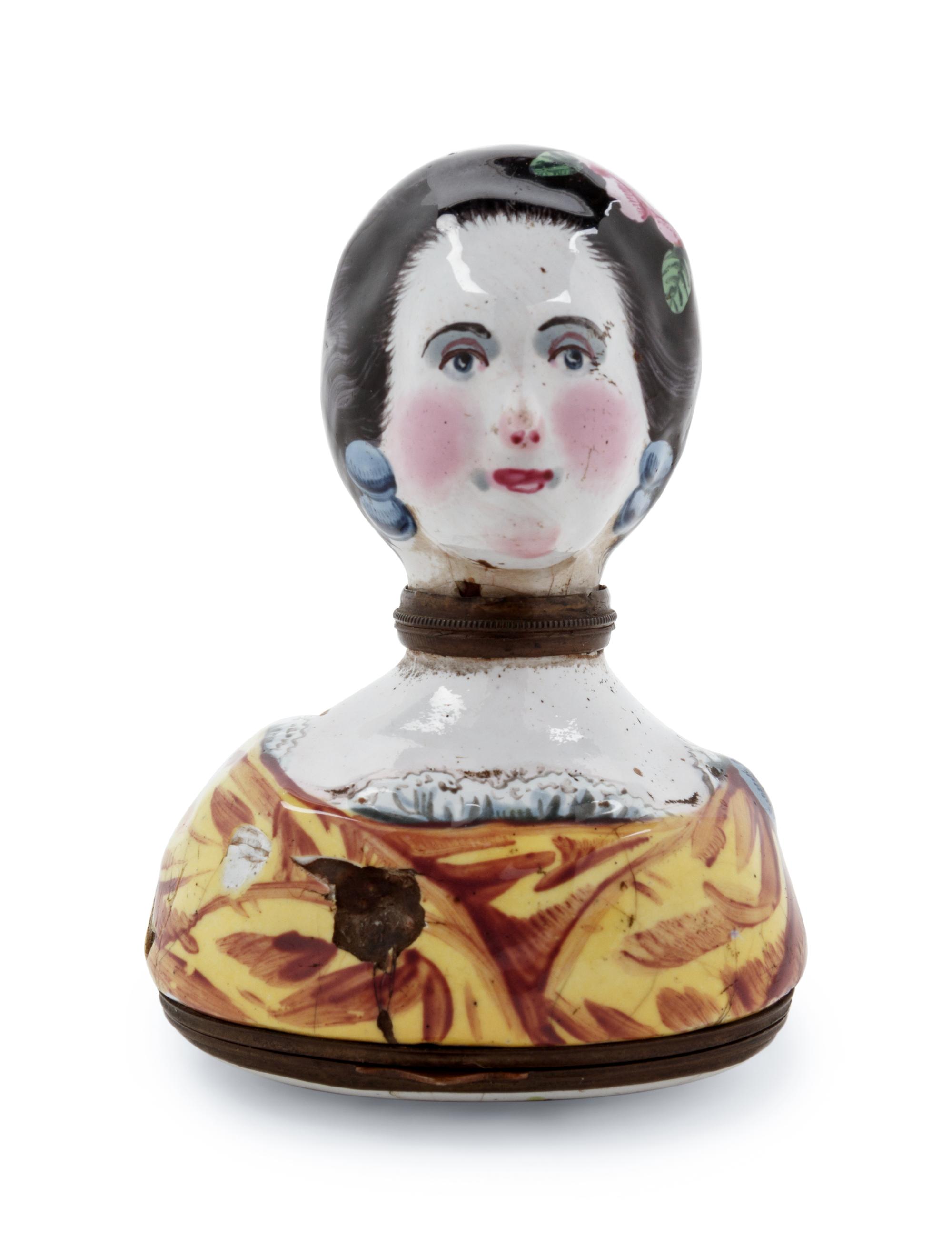 An Enameled Metal Figural Pill Box