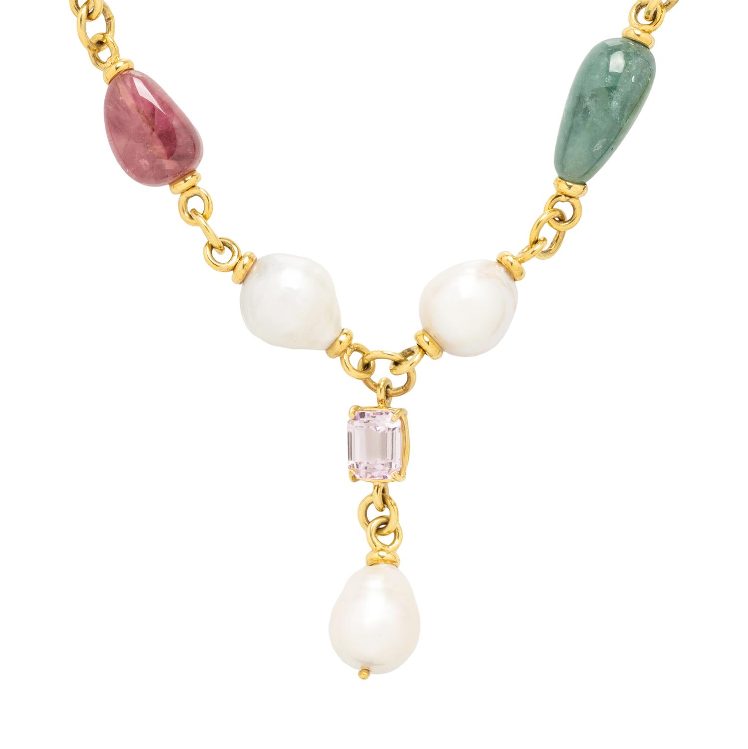 MAZ, YELLOW GOLD, CULTURED BAROQUE PEARL AND MULTIGEM NECKLACE