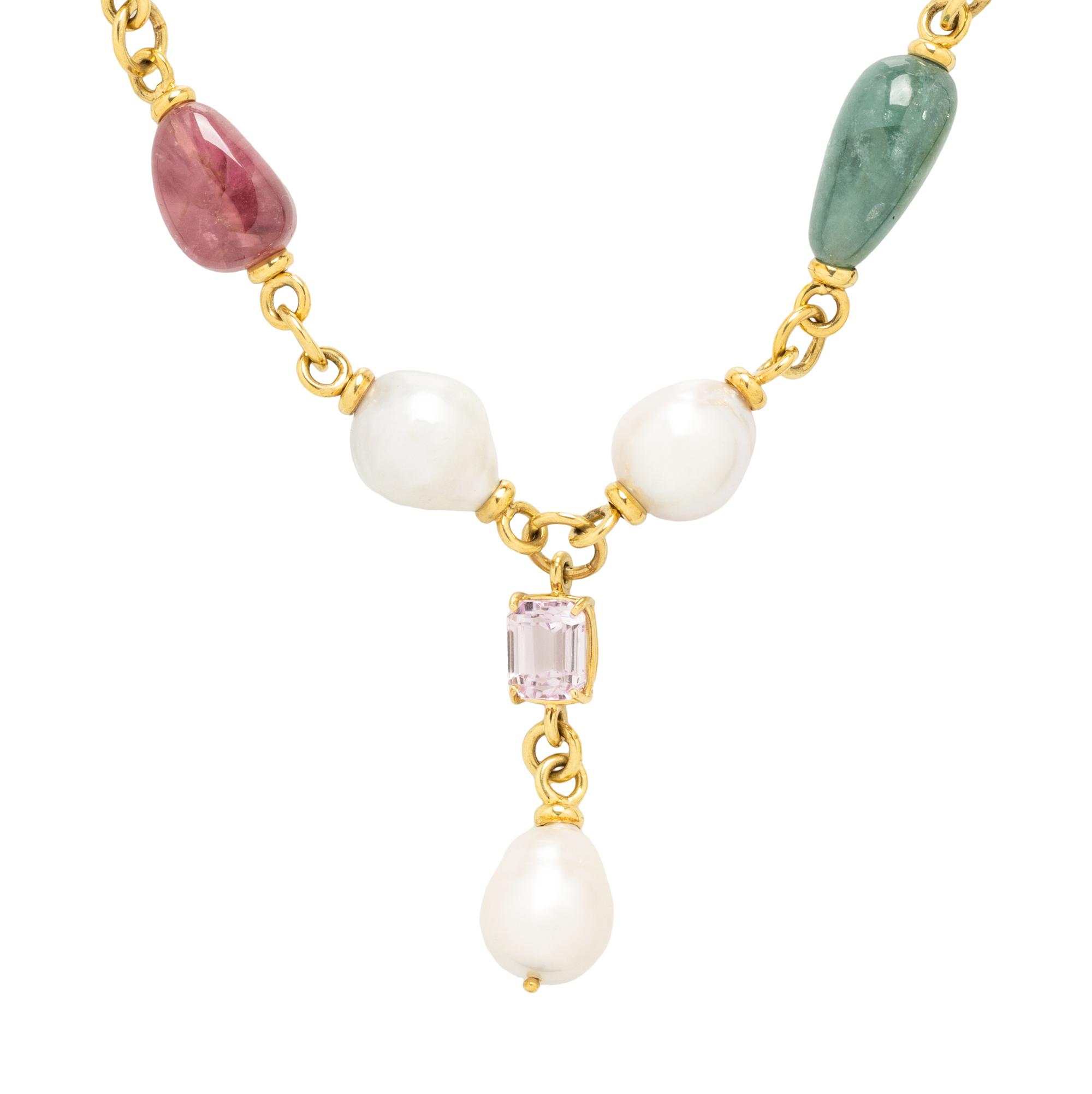 MAZ, YELLOW GOLD, CULTURED BAROQUE PEARL AND MULTIGEM NECKLACE