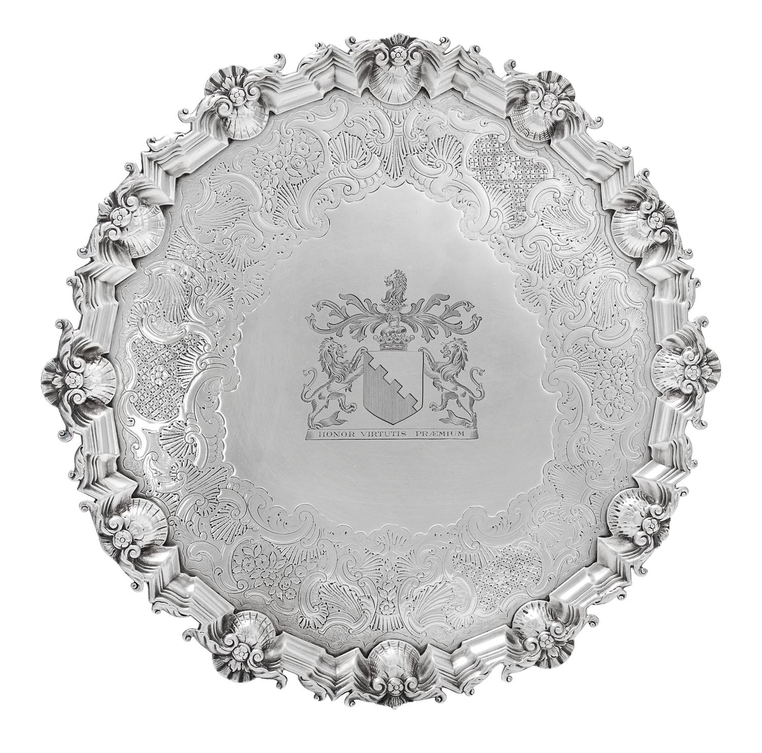 A George II Silver Salver, David Willaume II, London, 1744, having a rocaille and S-scroll decorated rim, the center with and engraved