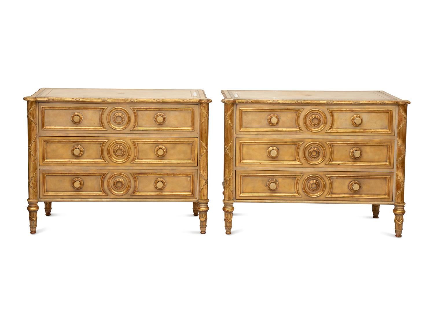 A Pair of Louis XVI Style Painted and Parcel Gilt Commodes — 20th Century