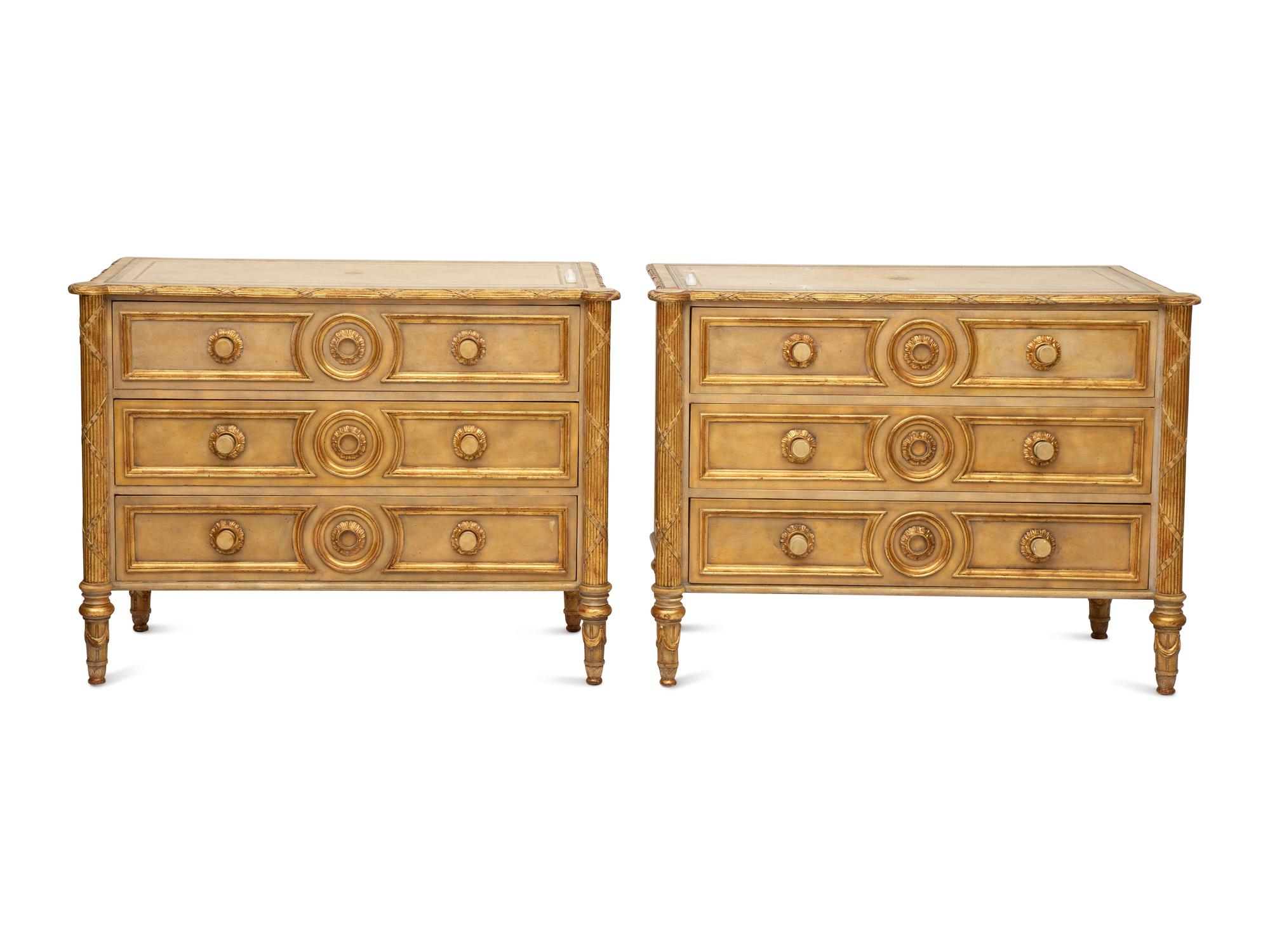 A Pair of Louis XVI Style Painted and Parcel Gilt Commodes — 20th Century