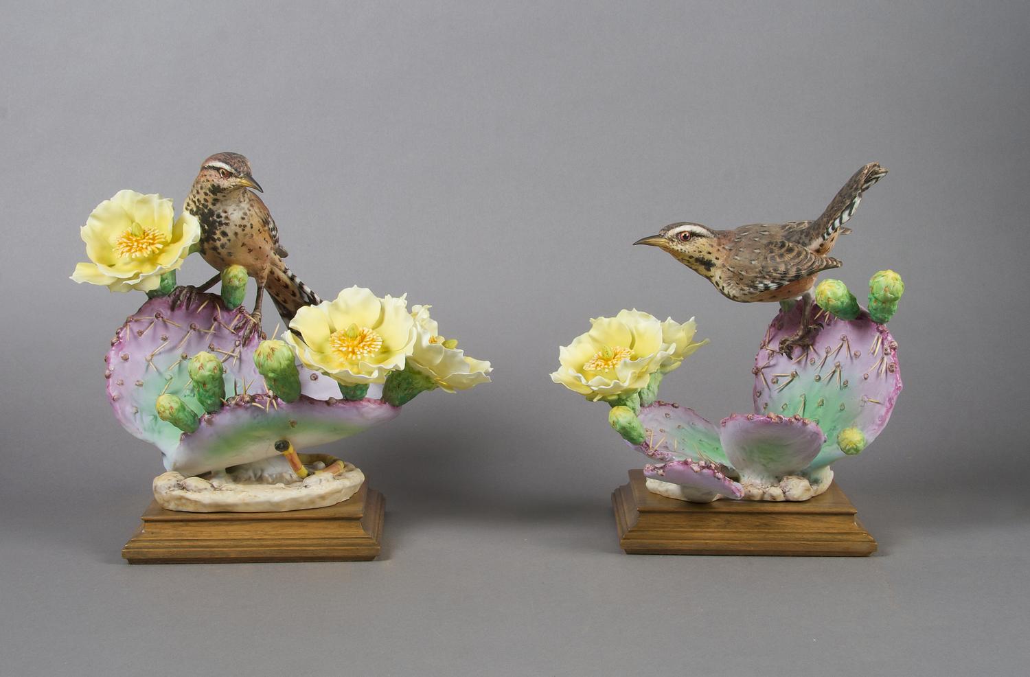 A Pair of Royal Worcester Dorothy Doughty Birds, Cactus Wren, Height 10 1/2 inches.