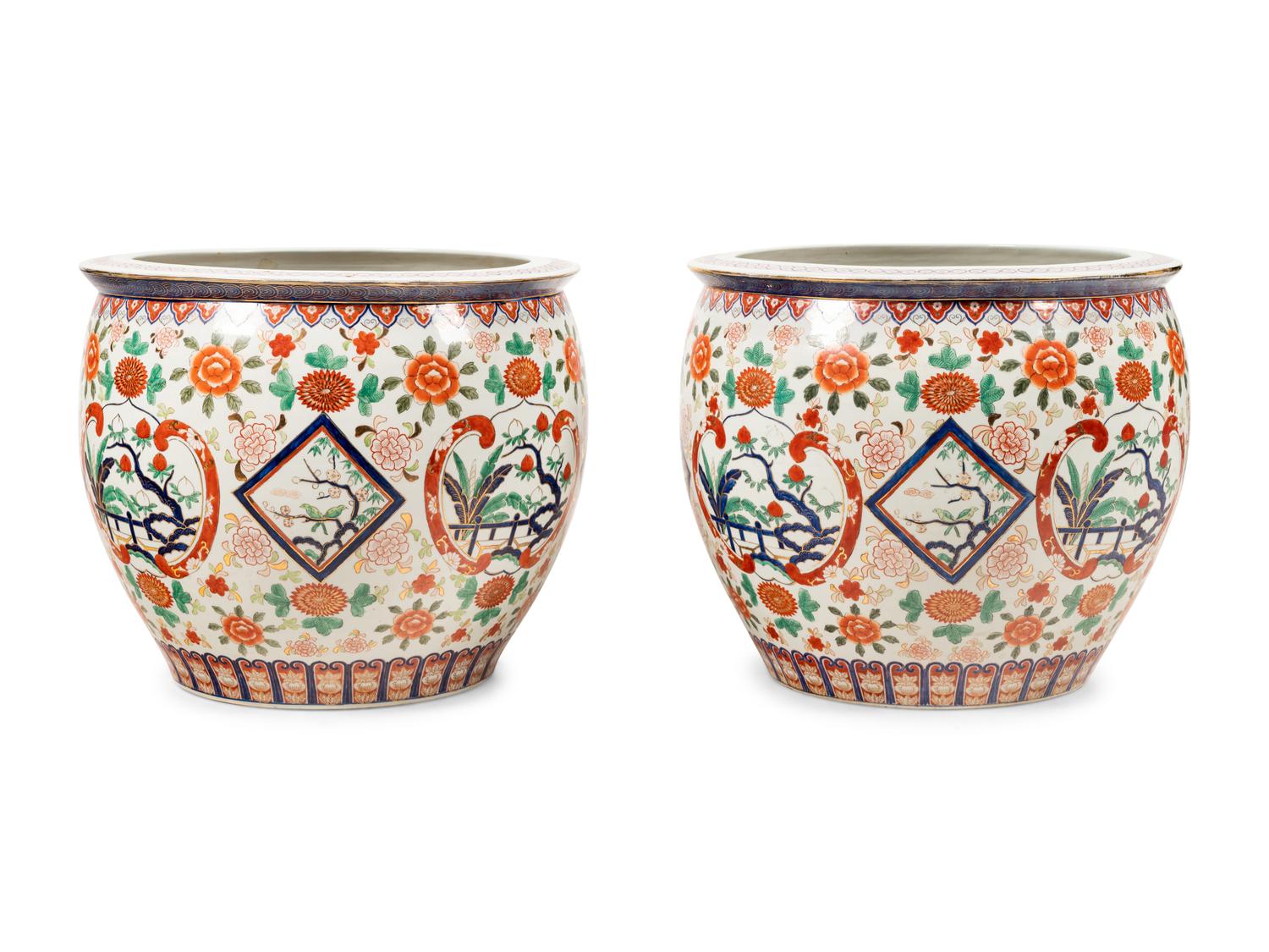 A Pair of Large Japanese Porcelain Fish Bowls