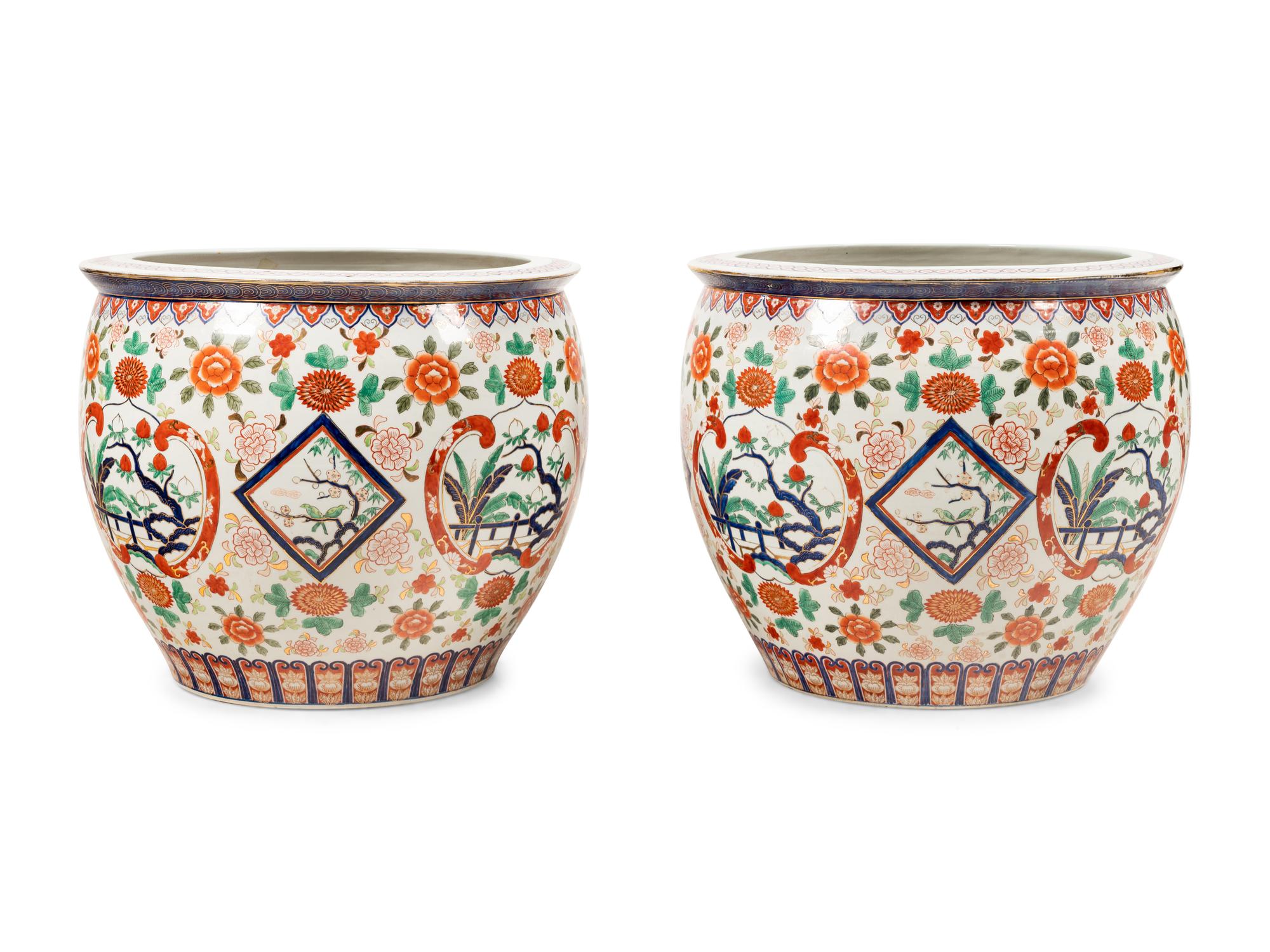 A Pair of Large Japanese Porcelain Fish Bowls