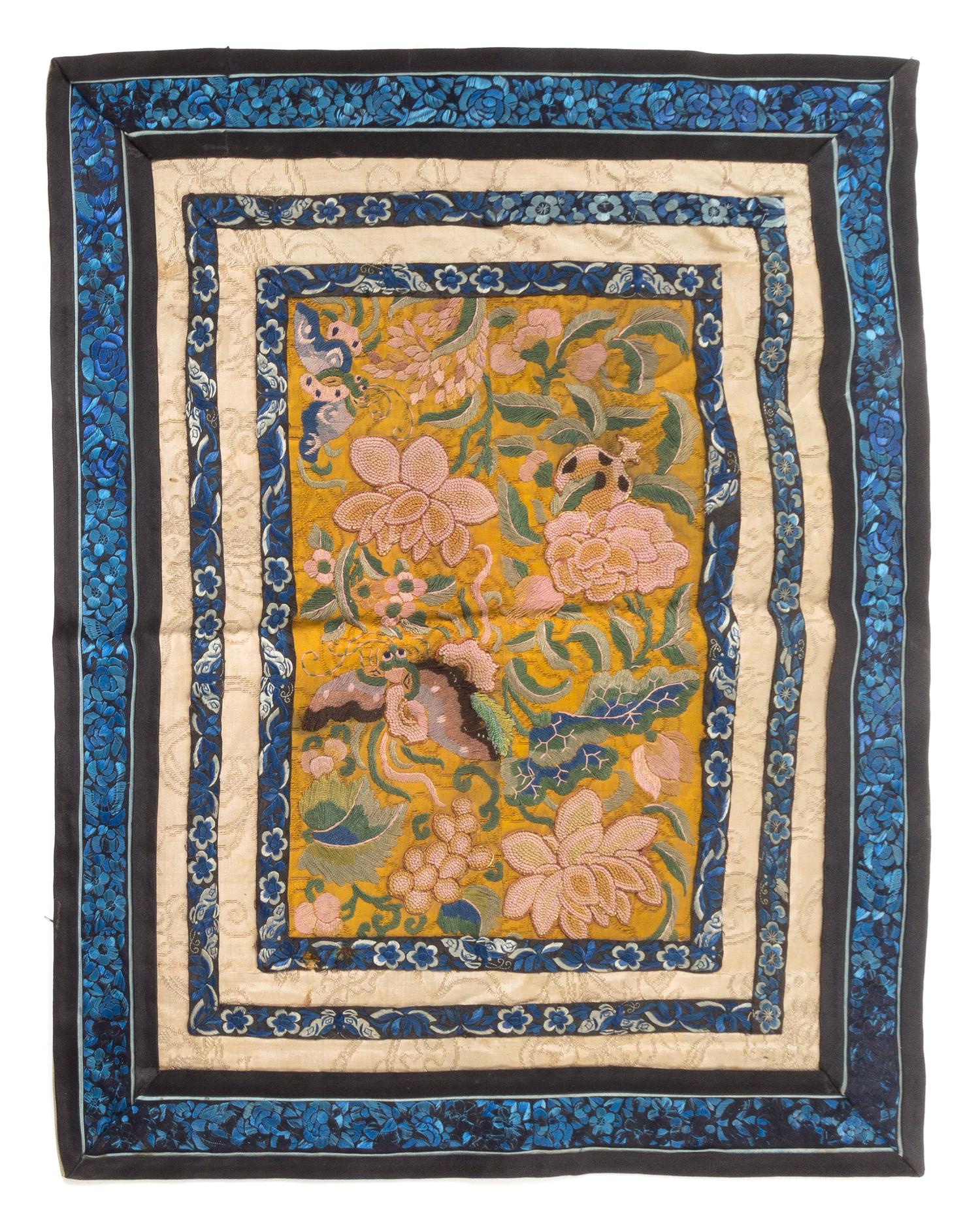 Six Chinese Embroidered Silk Panels Length of largest 26 5/8 inches.