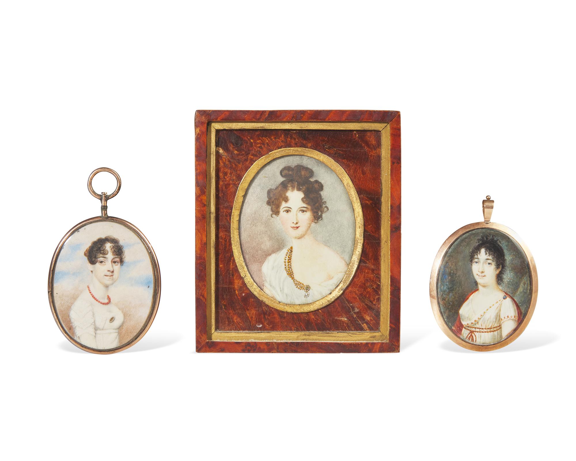 French School 19th century, A group of three portrait miniatures of ladies