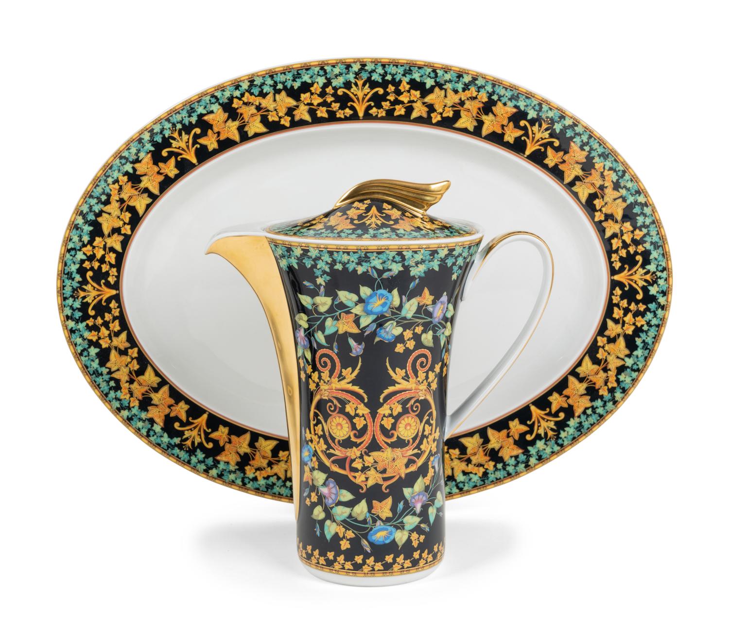 A Versace Gold Ivy Porcelain Coffee Pot and Oval Platter