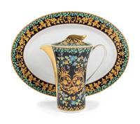 A Versace Gold Ivy Porcelain Coffee Pot and Oval Platter