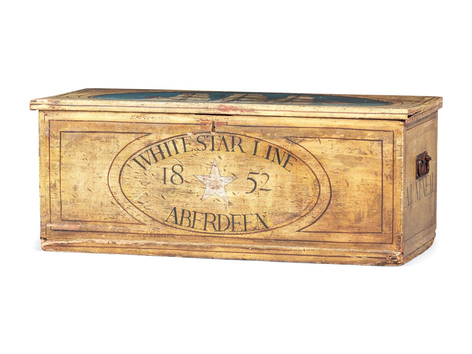 An English Paint Decorated Pine The Renown White-Star Line Blanket Chest