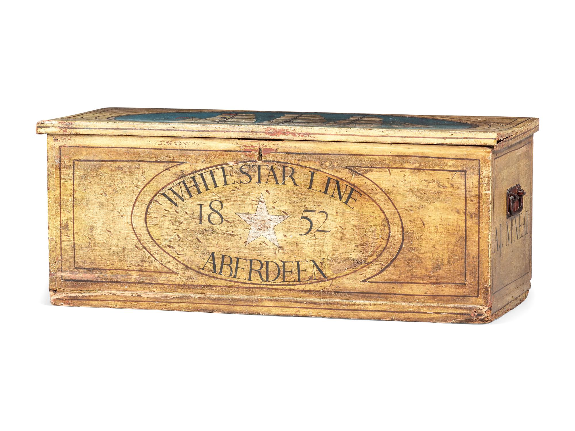 An English Paint Decorated Pine The Renown White-Star Line Blanket Chest