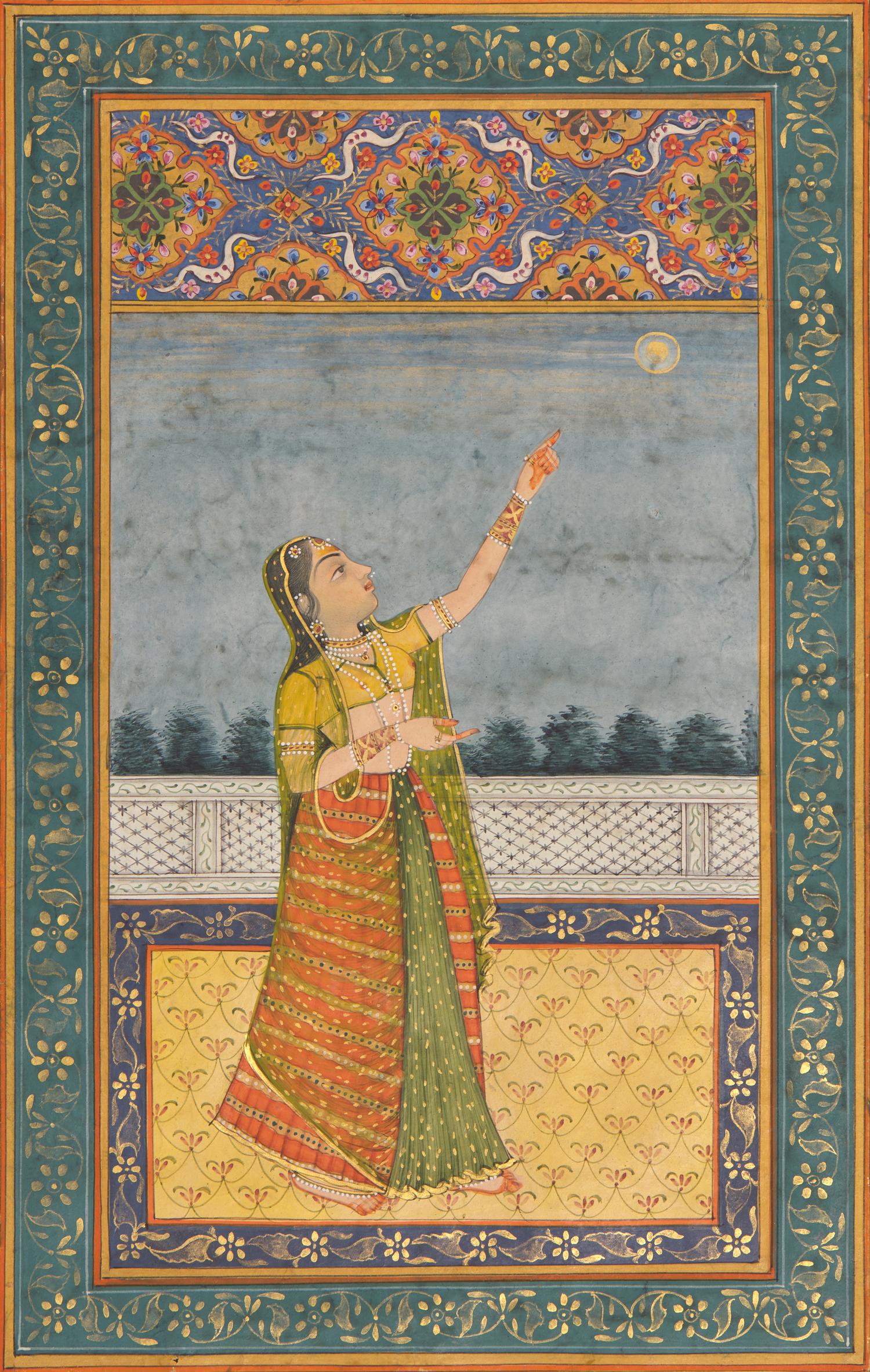 A Very Fine Mughal Miniature Folio: A Ragamala Painting Illustrating a Ragini Scene from the Karwa Chauth Ritual, 19th Century