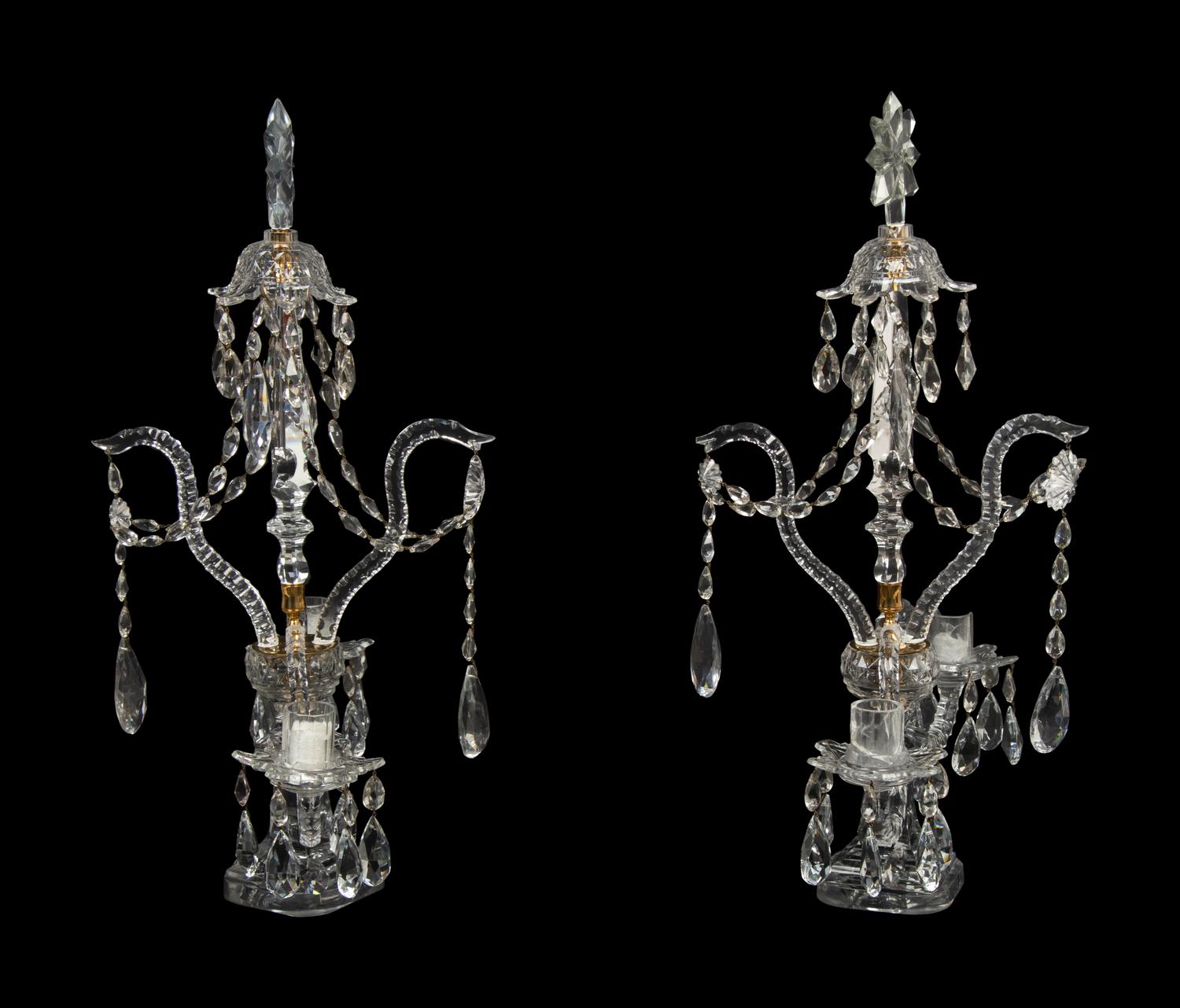 A Pair of English Brass Mounted Cut Glass Two-Light Girandoles