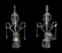 A Pair of English Brass Mounted Cut Glass Two-Light Girandoles