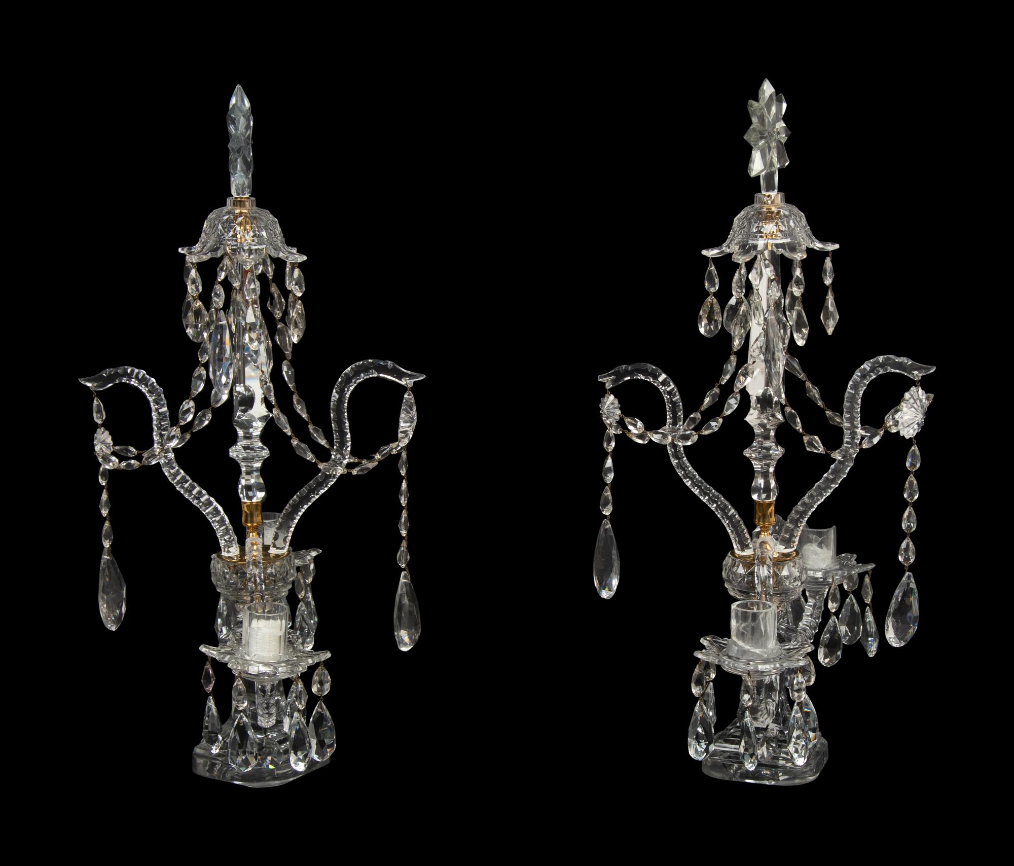 A Pair of English Brass Mounted Cut Glass Two-Light Girandoles